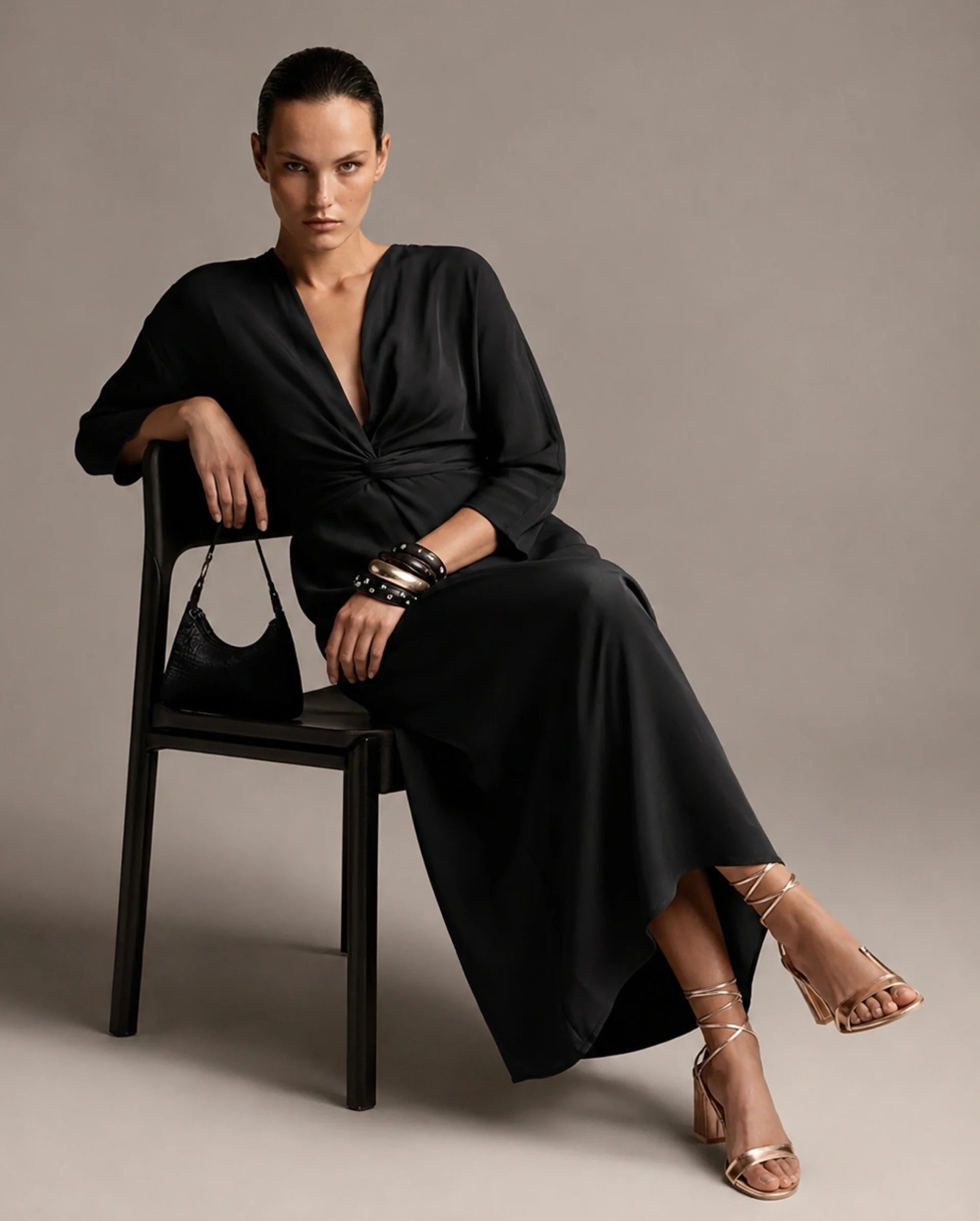 Rareism Women's Cleah Black Polyester 3/4Th Sleeve Flared Plain Dress