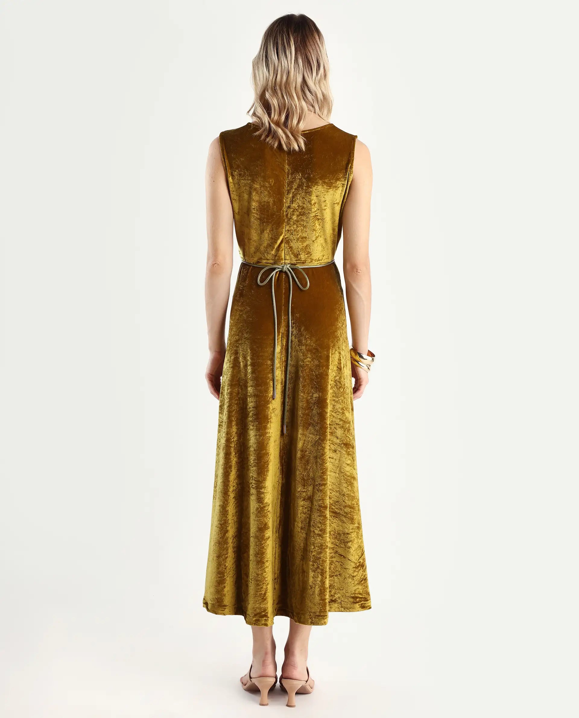 Rareism Women's Clementi Olive Velvet V-Neck Plain Sleeveless Maxi Fit And Flare Dress