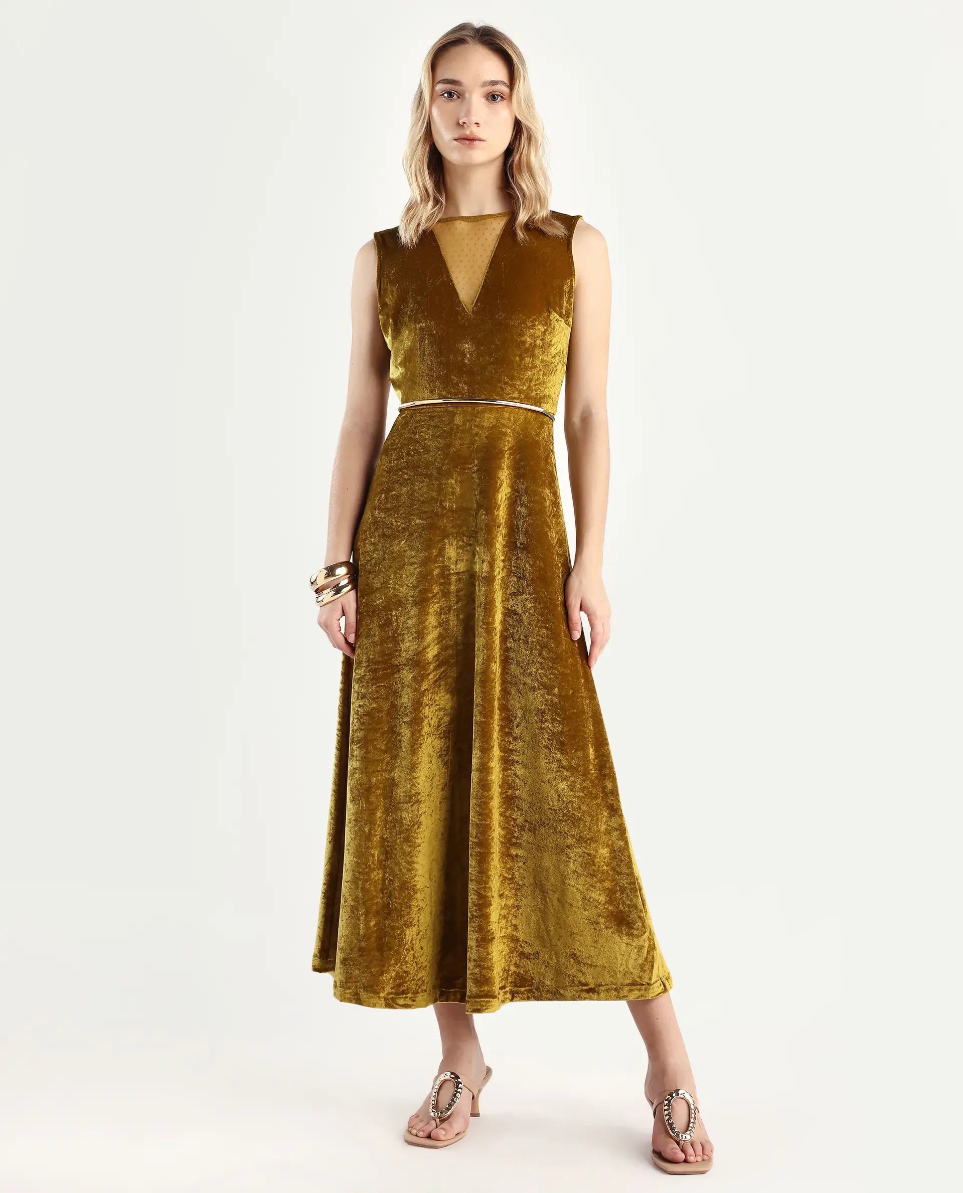 Rareism Women's Clementi Olive Velvet V-Neck Plain Sleeveless Maxi Fit And Flare Dress