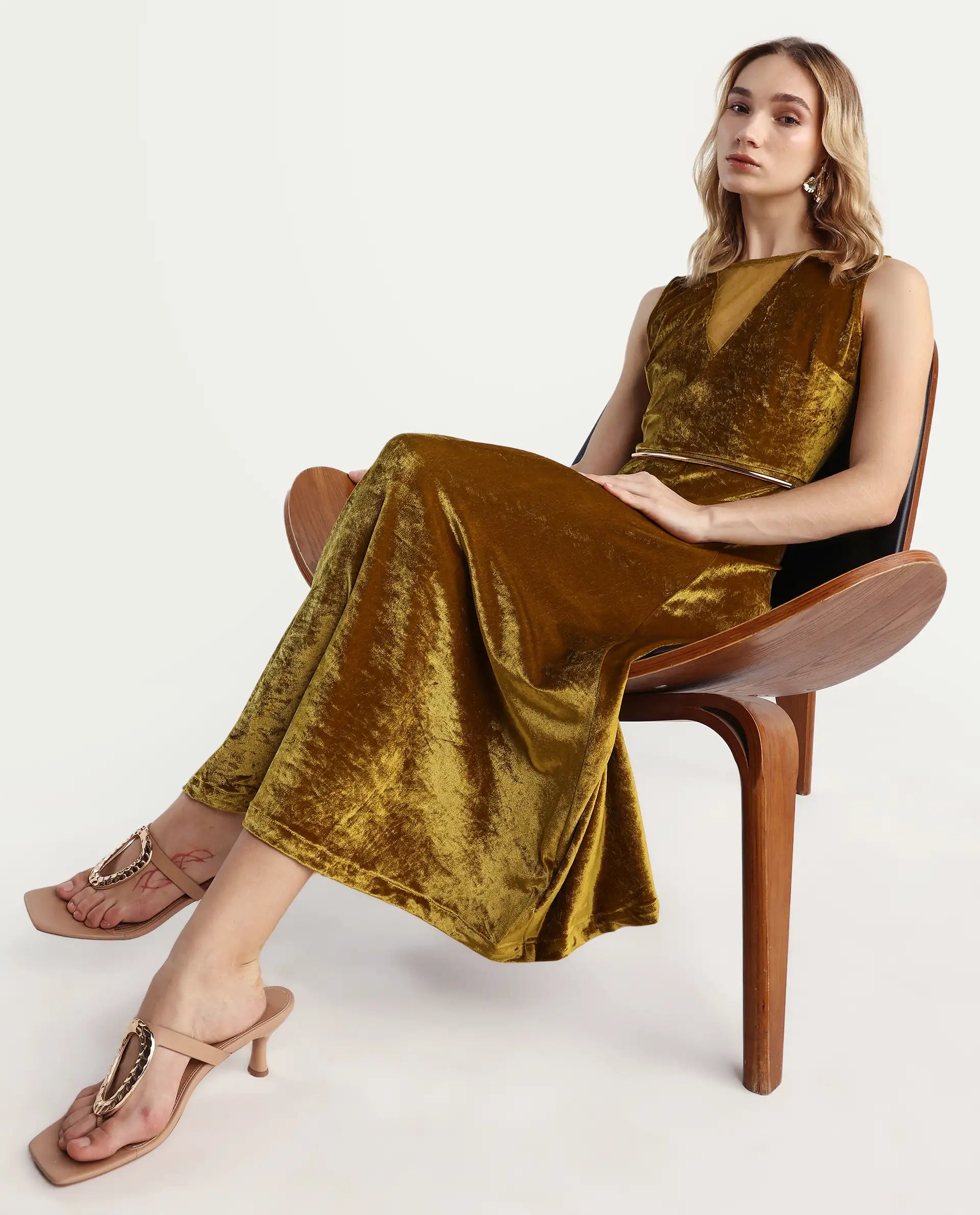 Rareism Women's Clementi Olive Velvet V-Neck Plain Sleeveless Maxi Fit And Flare Dress