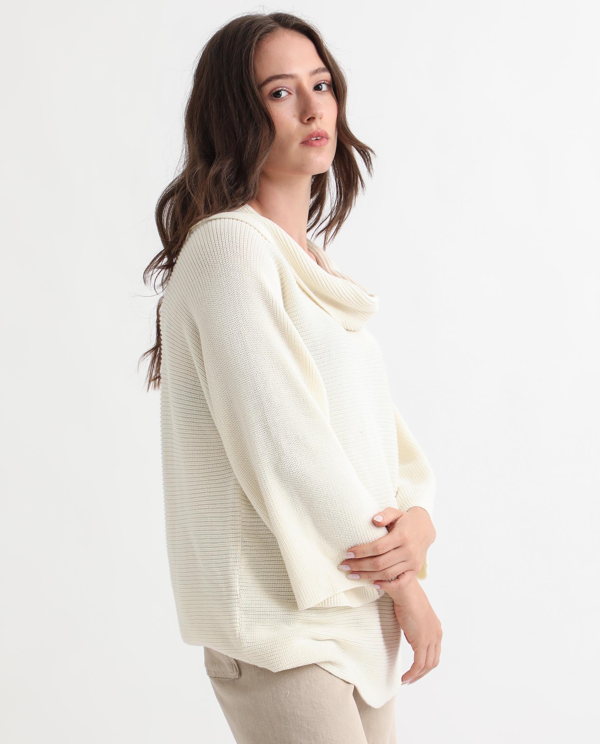 Rareism Women Cleo Off White 3/4Th Sleeves Relaxed Fit Solid Cowl Neck Sweater