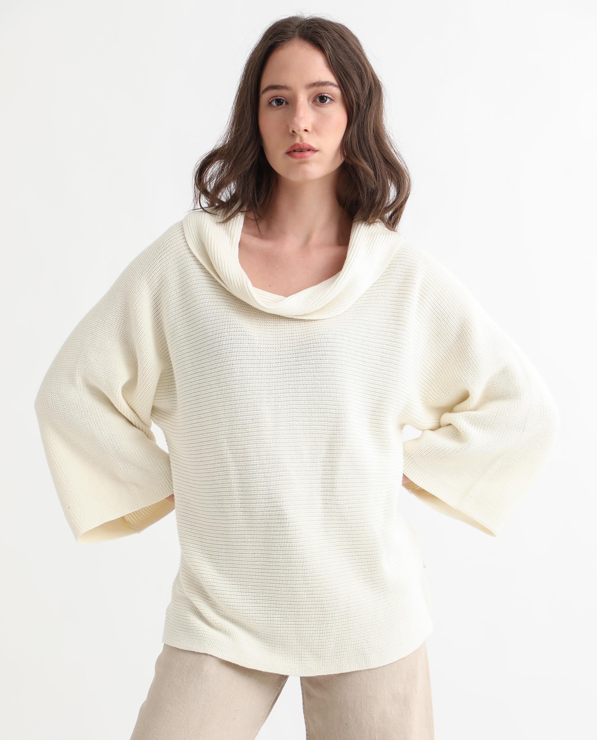 Rareism Women Cleo Off White 3/4Th Sleeves Relaxed Fit Solid Cowl Neck Sweater