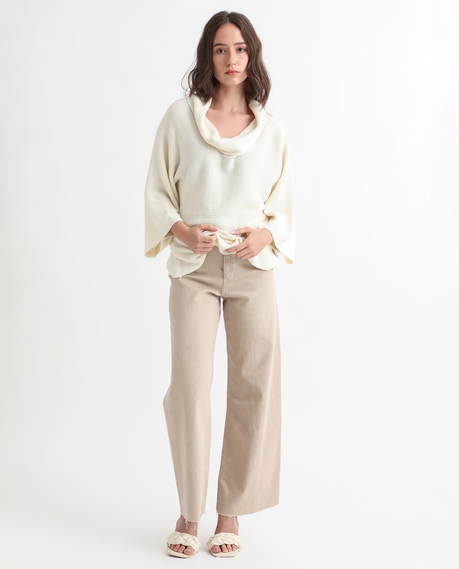 Rareism Women Cleo Off White 3/4Th Sleeves Relaxed Fit Solid Cowl Neck Sweater