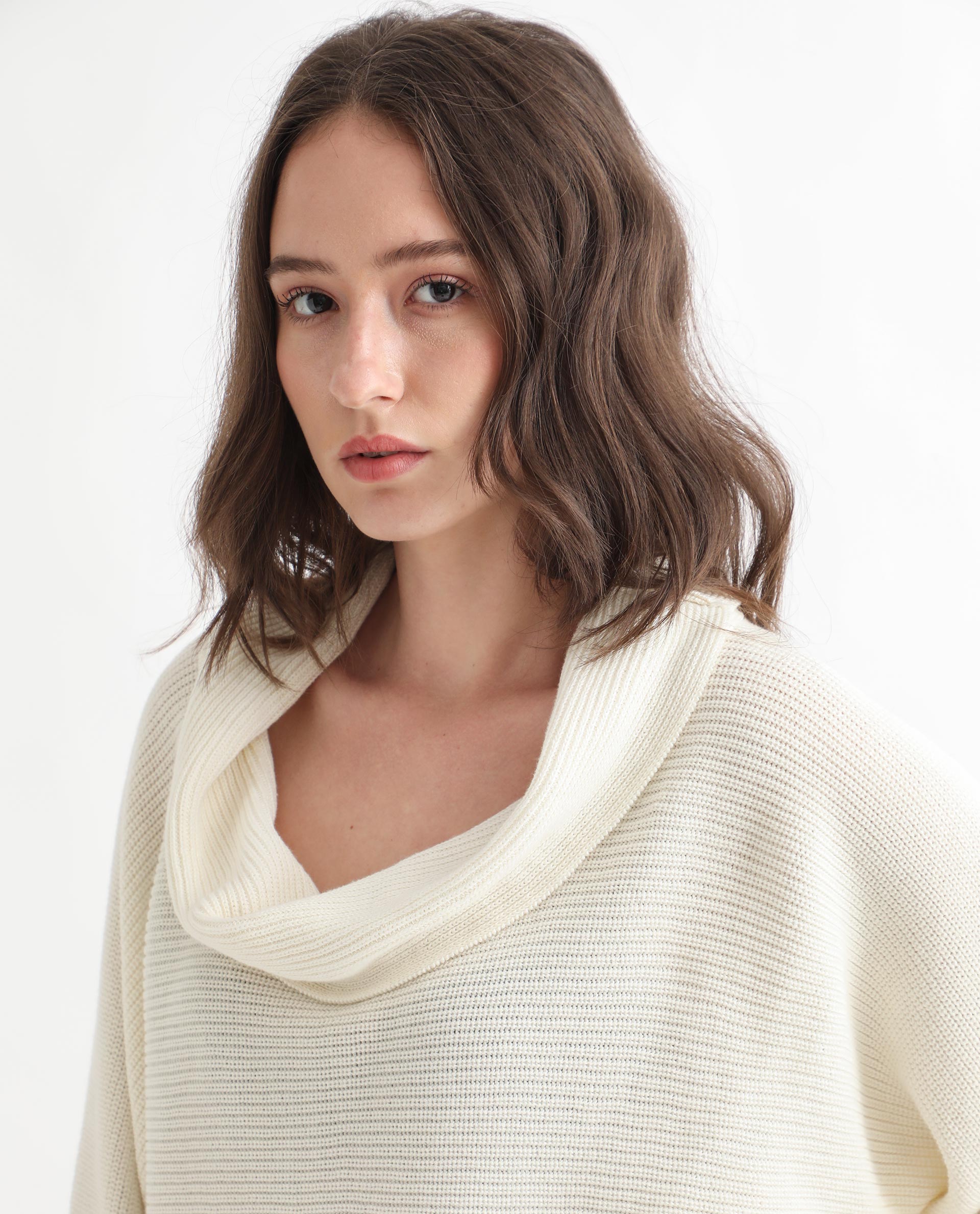 Rareism Women Cleo Off White 3/4Th Sleeves Relaxed Fit Solid Cowl Neck Sweater