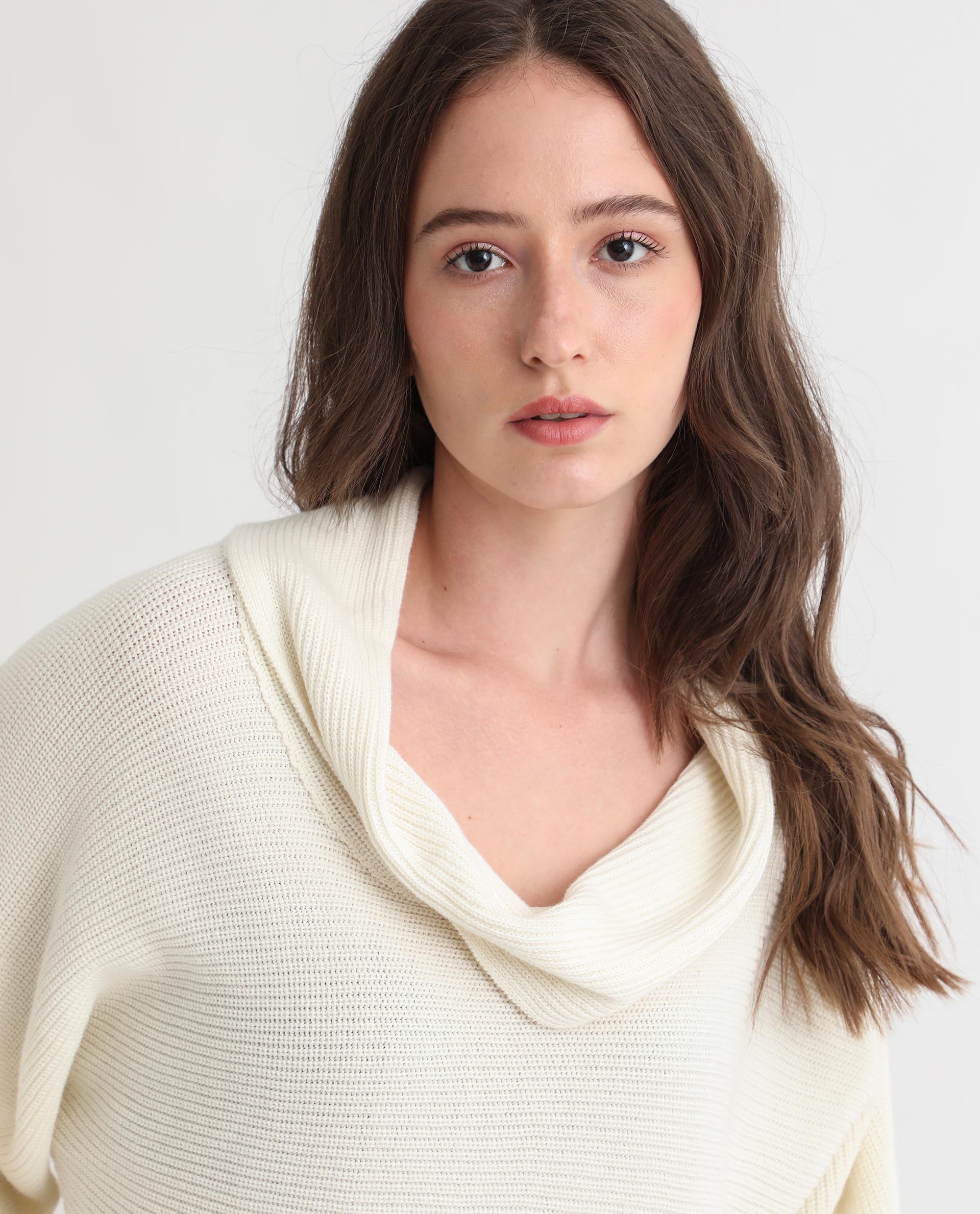 Rareism Women Cleo Off White 3/4Th Sleeves Relaxed Fit Solid Cowl Neck Sweater