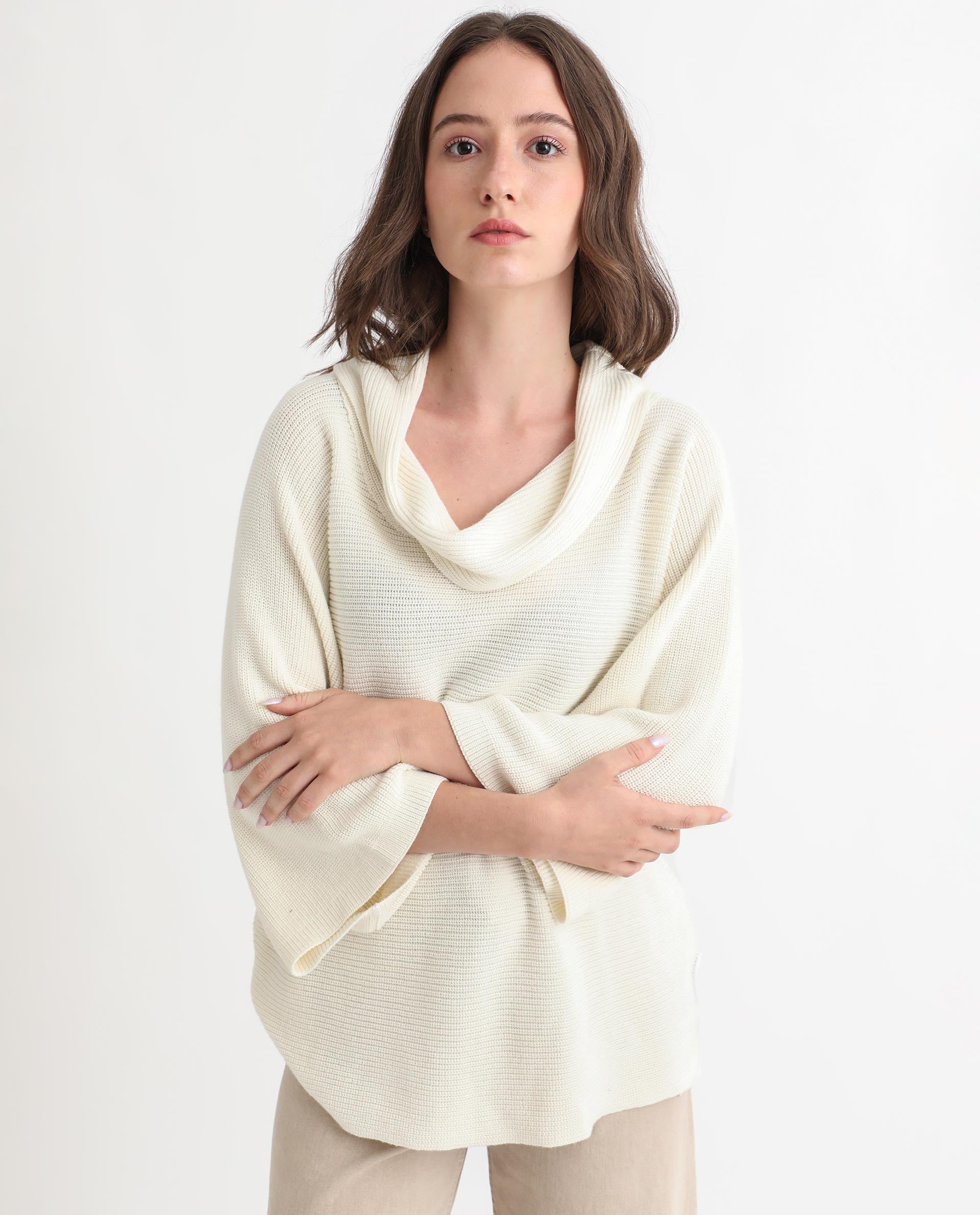 Rareism Women Cleo Off White 3/4Th Sleeves Relaxed Fit Solid Cowl Neck Sweater