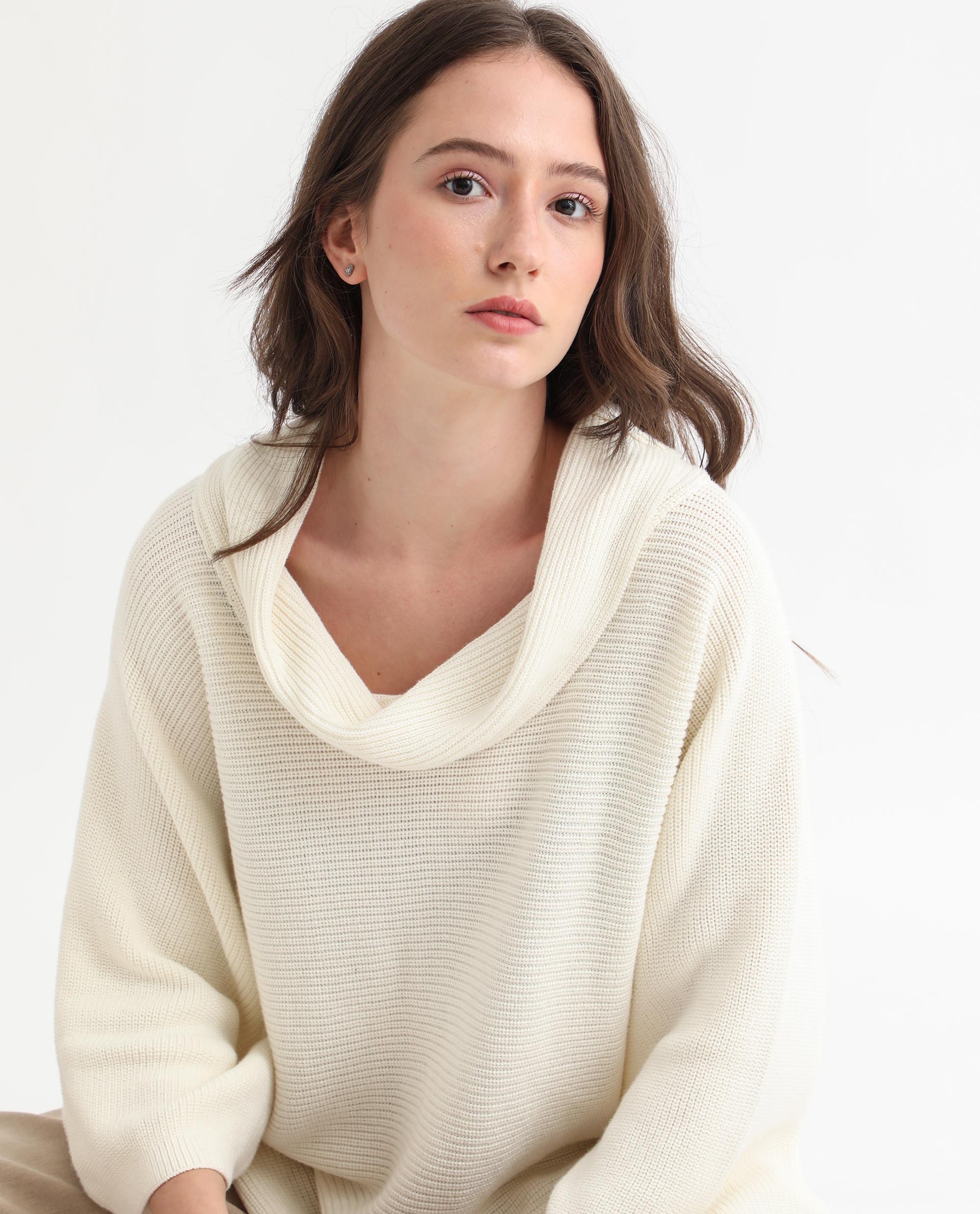 Rareism Women's Cleo Offwhite Cowl Neck Plain Relaxed Fit Sweater