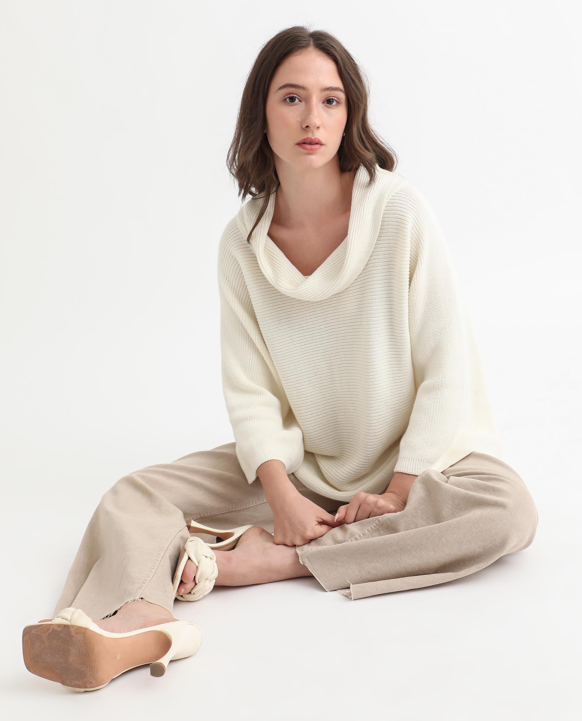 Rareism Women Cleo Off White 3/4Th Sleeves Relaxed Fit Solid Cowl Neck Sweater