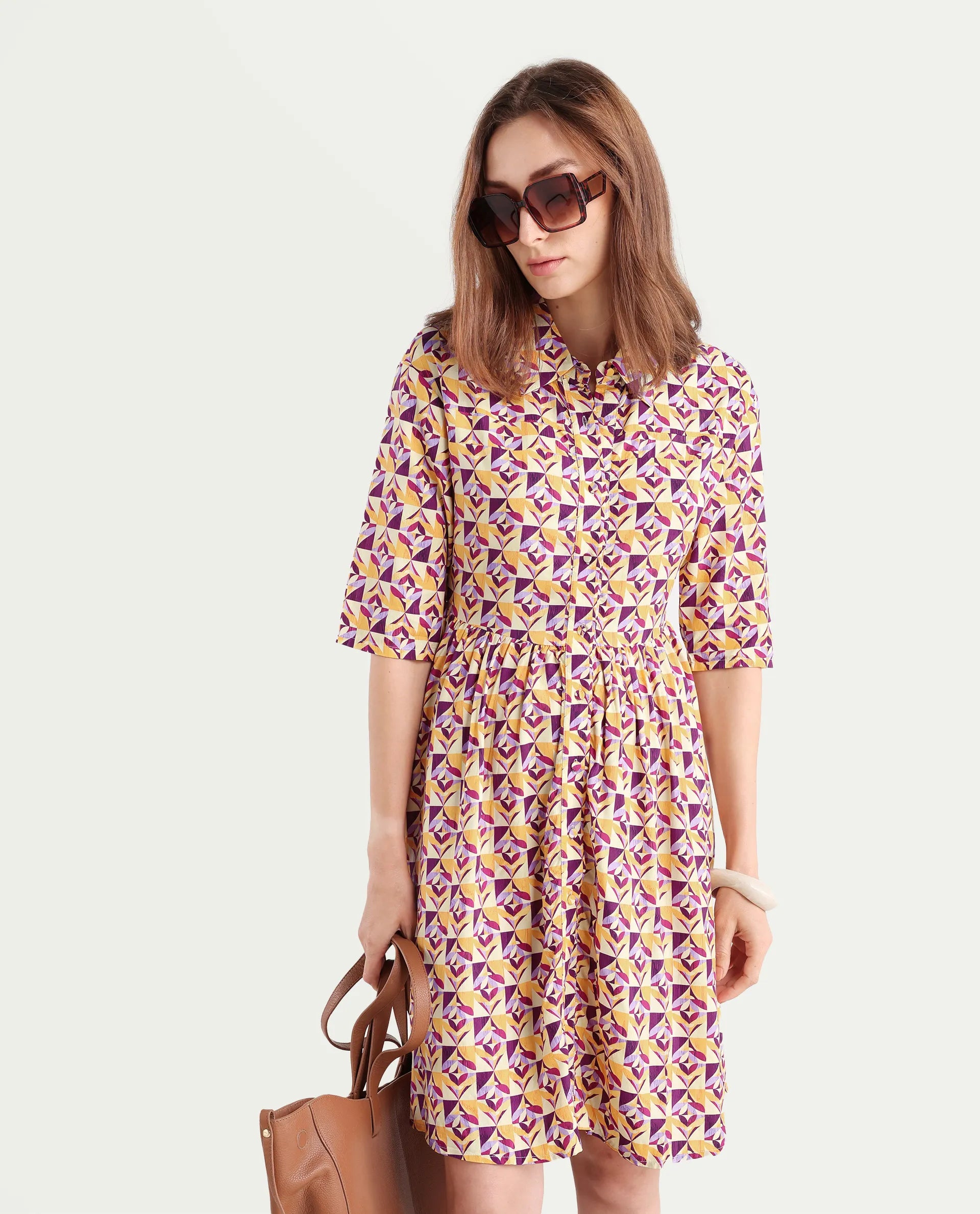 Rareism Women's Cleokap Multi Viscose Drop Collar Geometric Print Knee Length Fit And Flare Dress