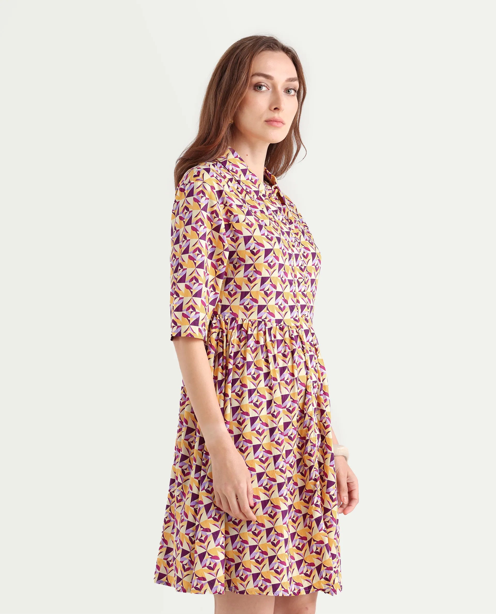 Rareism Women's Cleokap Multi Viscose Drop Collar Geometric Print Knee Length Fit And Flare Dress