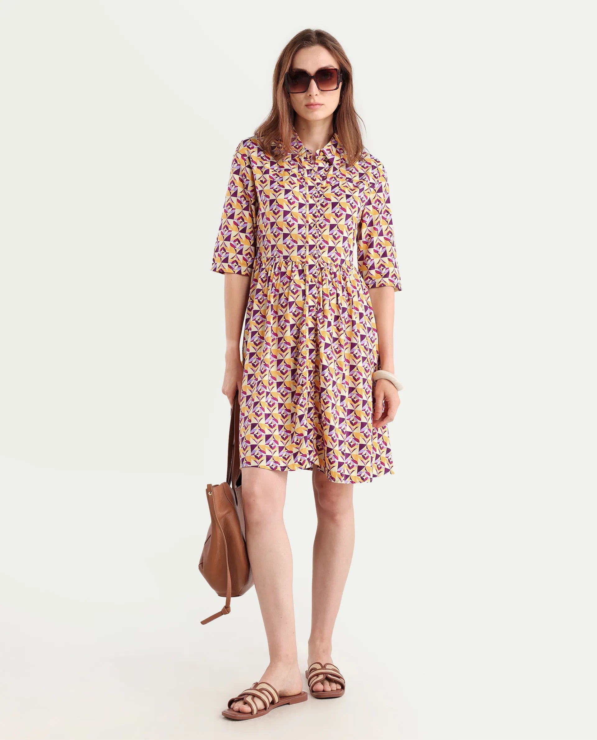 Rareism Women's Cleokap Multi Viscose Drop Collar Geometric Print Knee Length Fit And Flare Dress