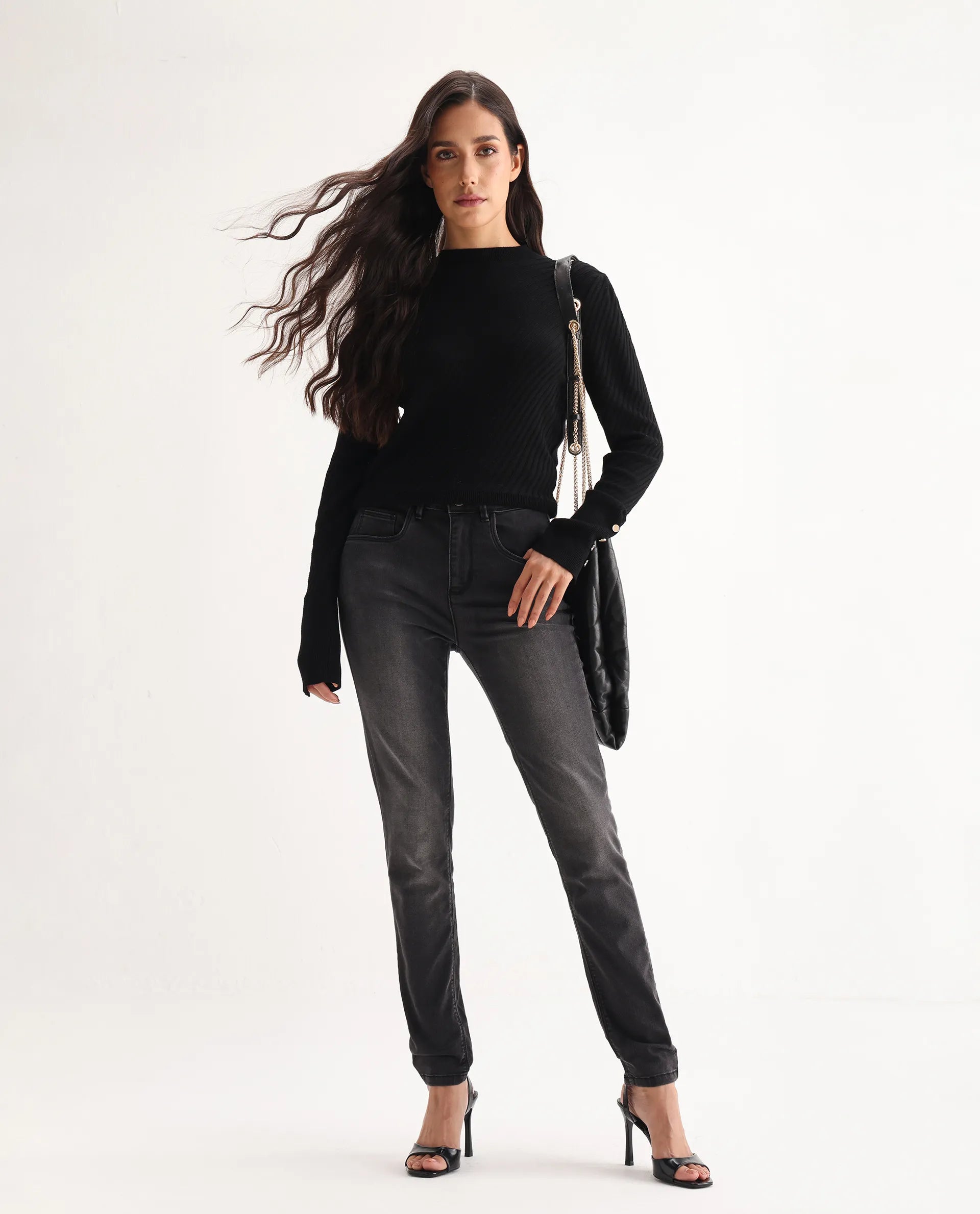 Rareism Women's Clipper Grey Cotton Blend Plain Ankle Length Slim Fit Jeans