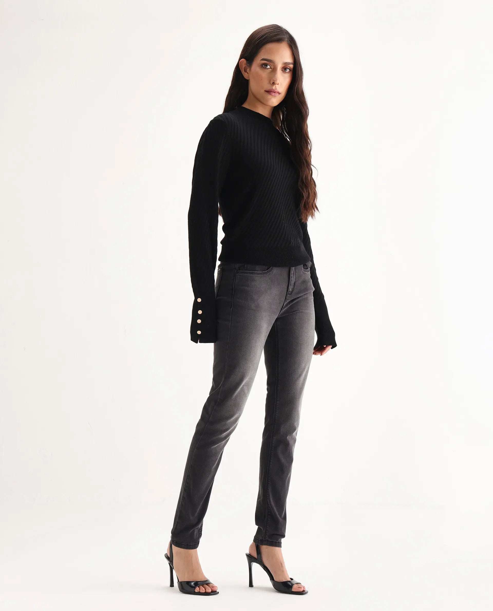 Rareism Women's Clipper Grey Cotton Blend Plain Ankle Length Slim Fit Jeans