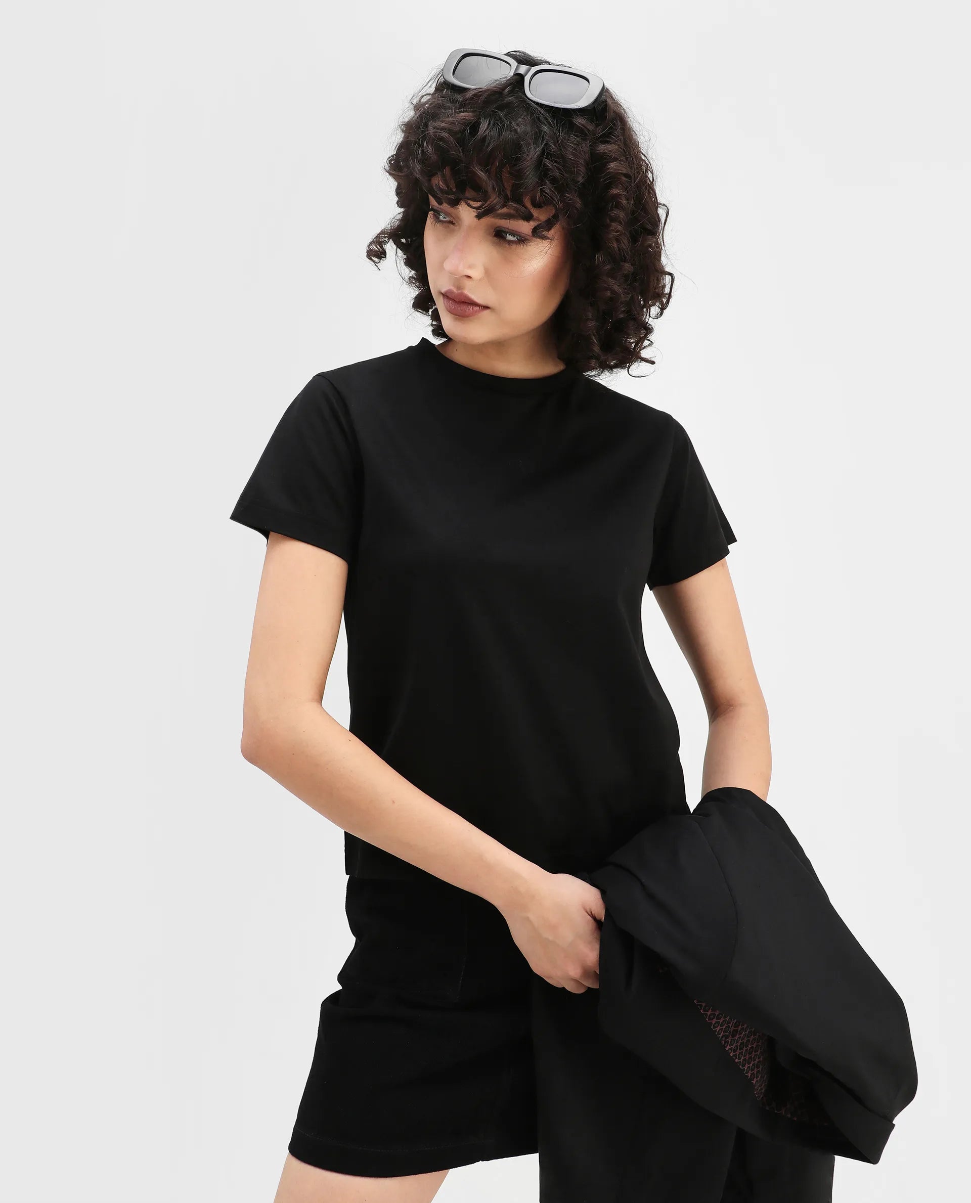 Rareism Women's Clive Black Cotton Crew Neck Regular Fit T-Shirt