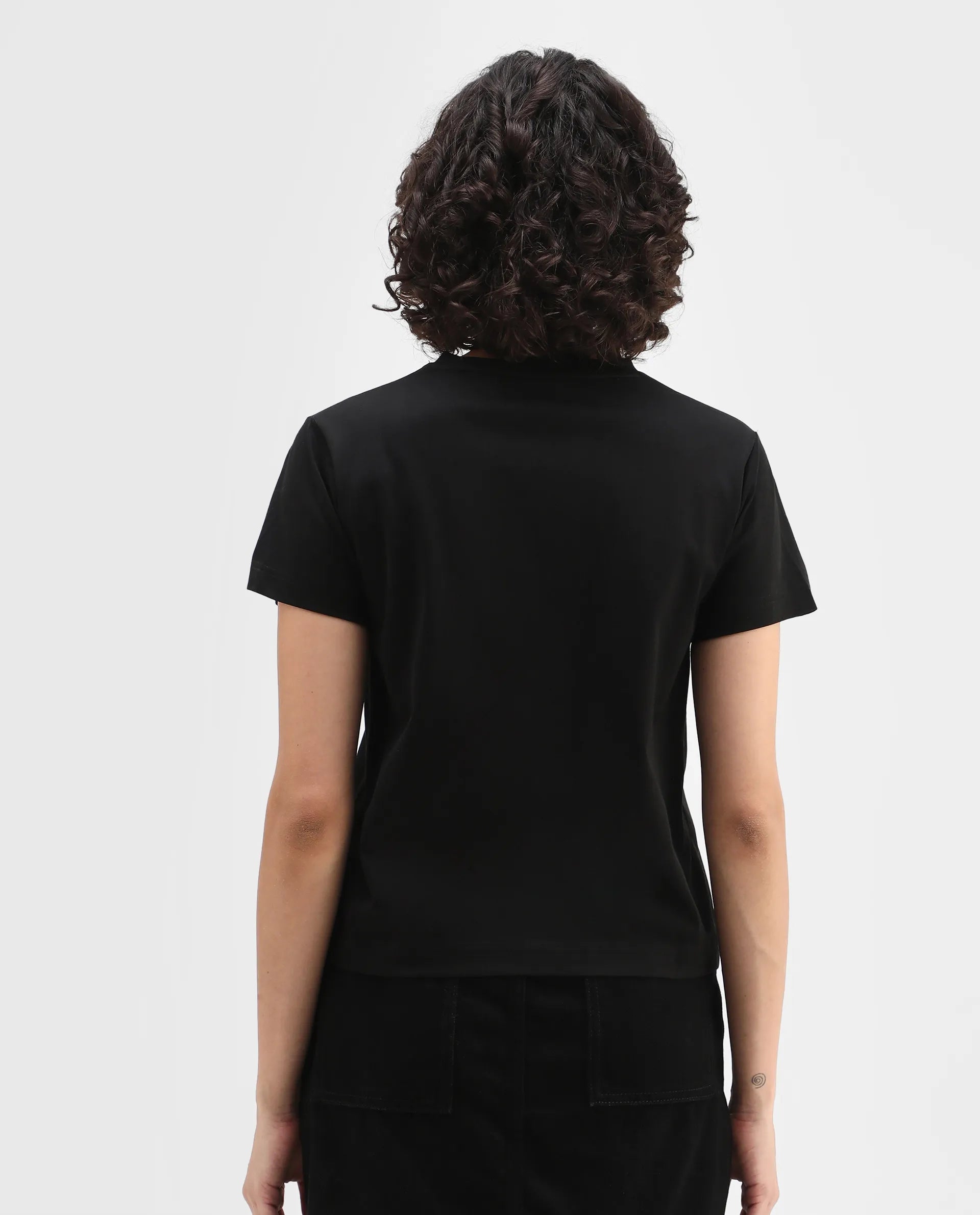 Rareism Women's Clive Black Cotton Crew Neck Regular Fit T-Shirt