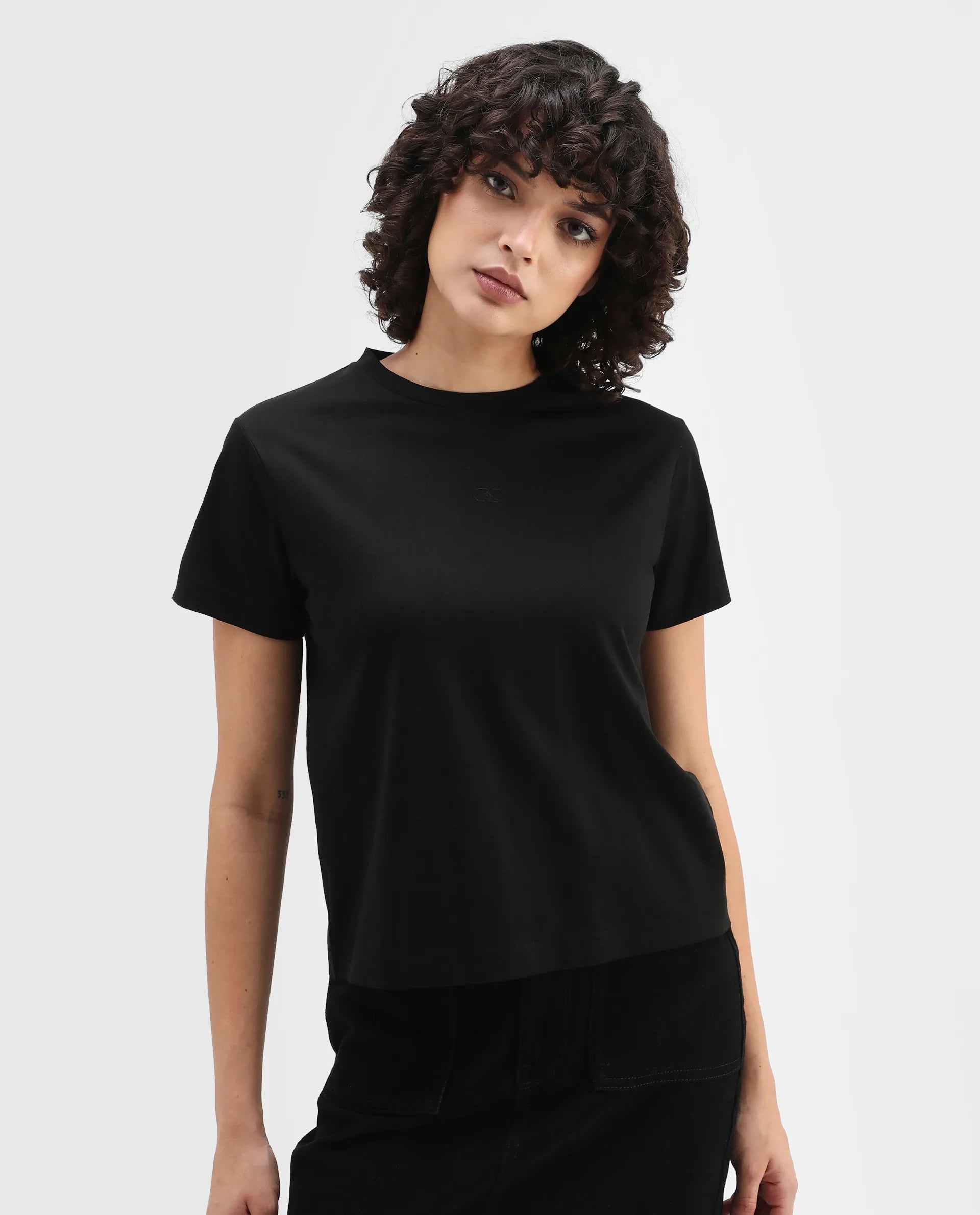 Rareism Women's Clive Black Cotton Crew Neck Regular Fit T-Shirt