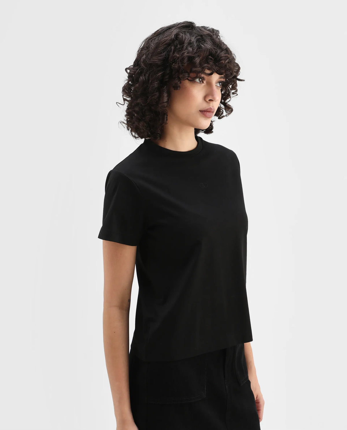 Rareism Women's Clive Black Cotton Crew Neck Regular Fit T-Shirt
