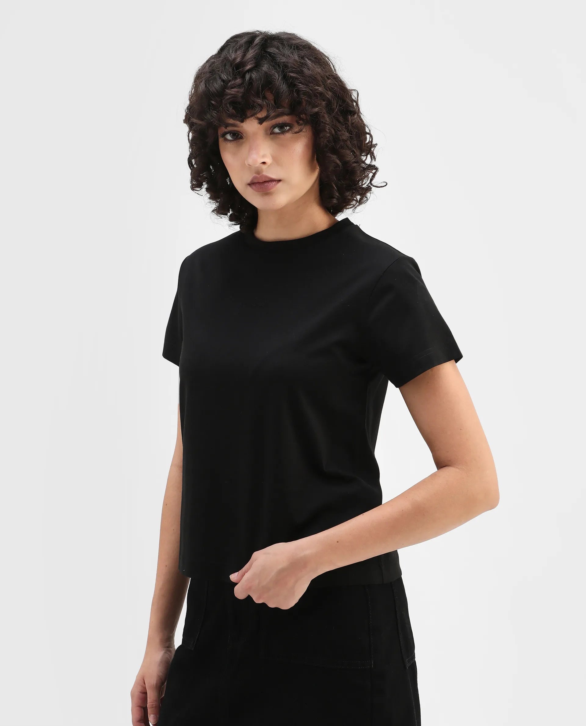 Rareism Women's Clive Black Cotton Crew Neck Regular Fit T-Shirt
