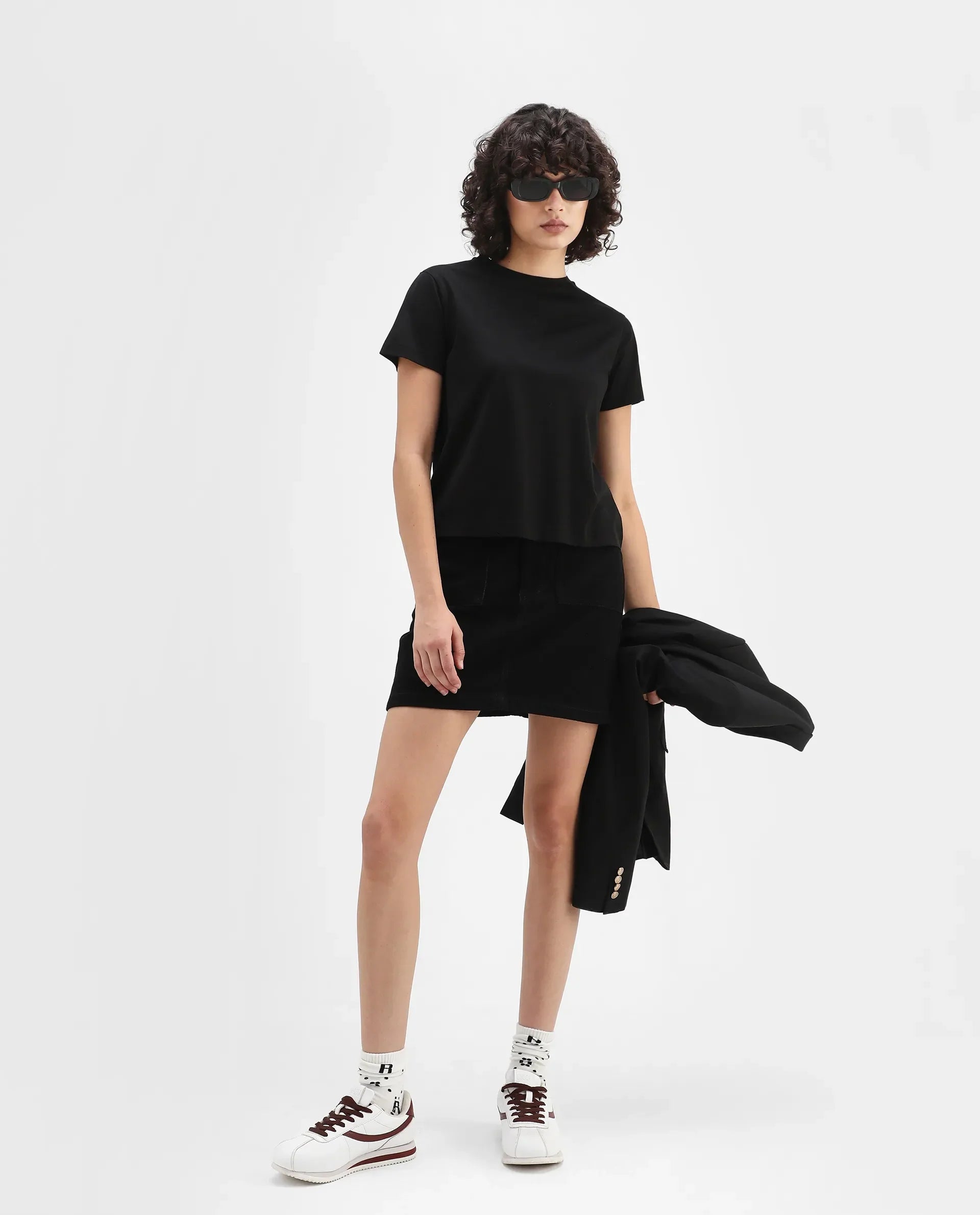 Rareism Women's Clive Black Cotton Crew Neck Regular Fit T-Shirt