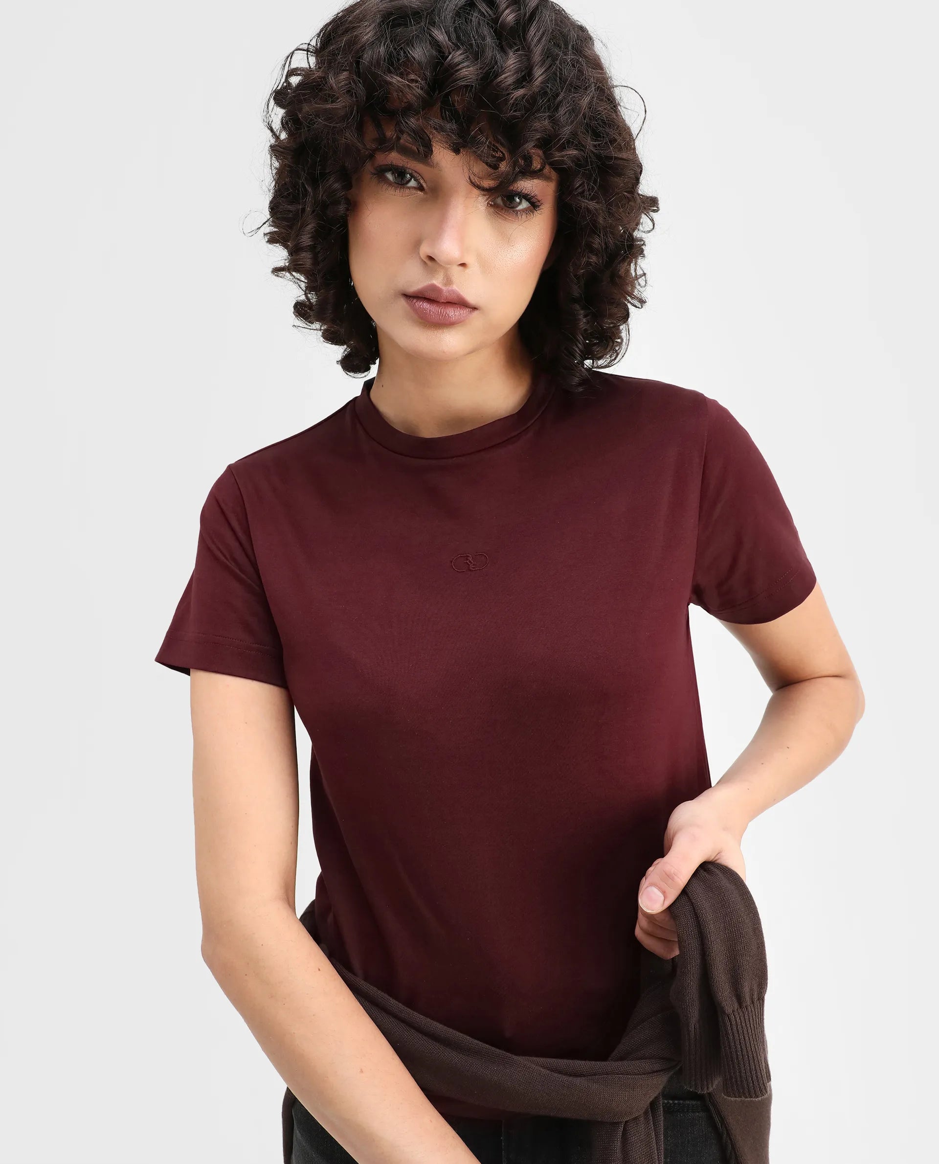Rareism Women's Clive Dark Maroon Cotton Crew Neck Regular Fit T-Shirt