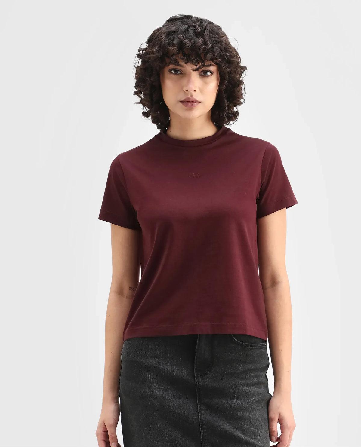 Rareism Women's Clive Dark Maroon Cotton Crew Neck Regular Fit T-Shirt
