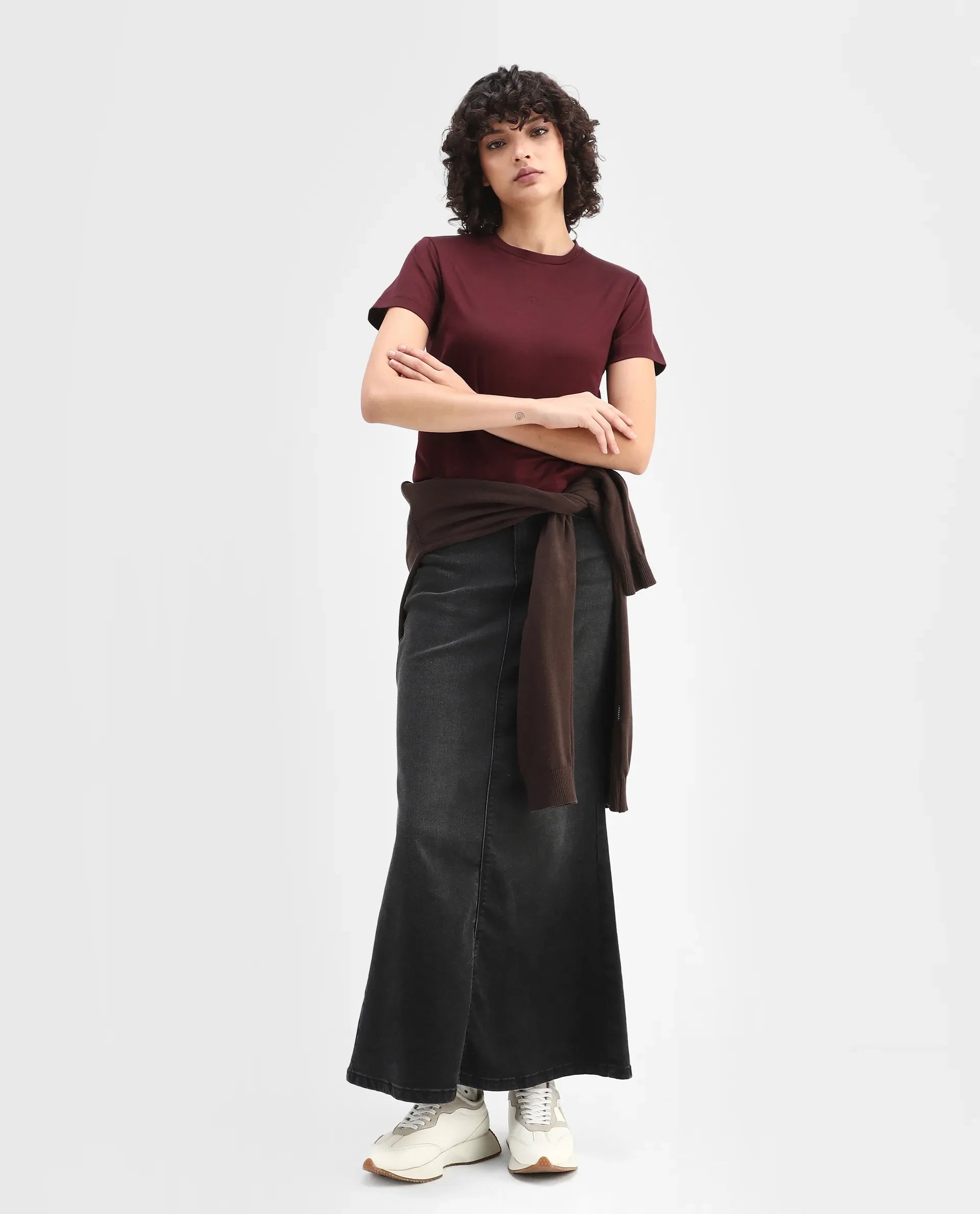 Rareism Women's Clive Dark Maroon Cotton Crew Neck Regular Fit T-Shirt