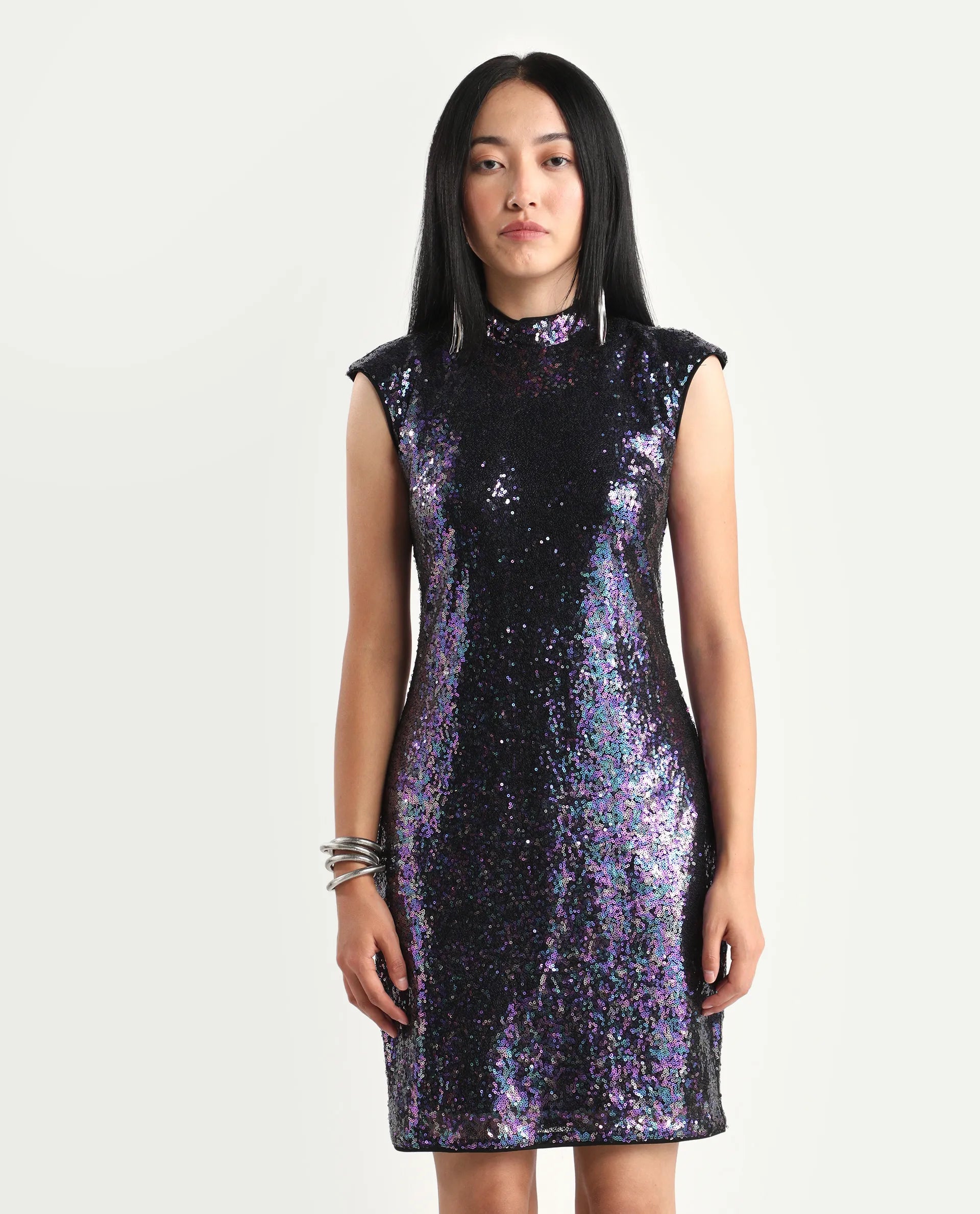 Rareism Women's Clory Sheen Multi Polyester High Neck Sequined Extended Sleeves Mini Regular Fit Dress