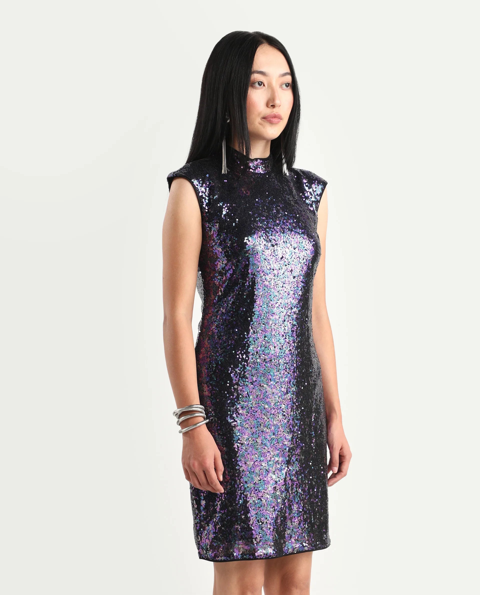 Rareism Women's Clory Sheen Multi Polyester High Neck Sequined Extended Sleeves Mini Regular Fit Dress