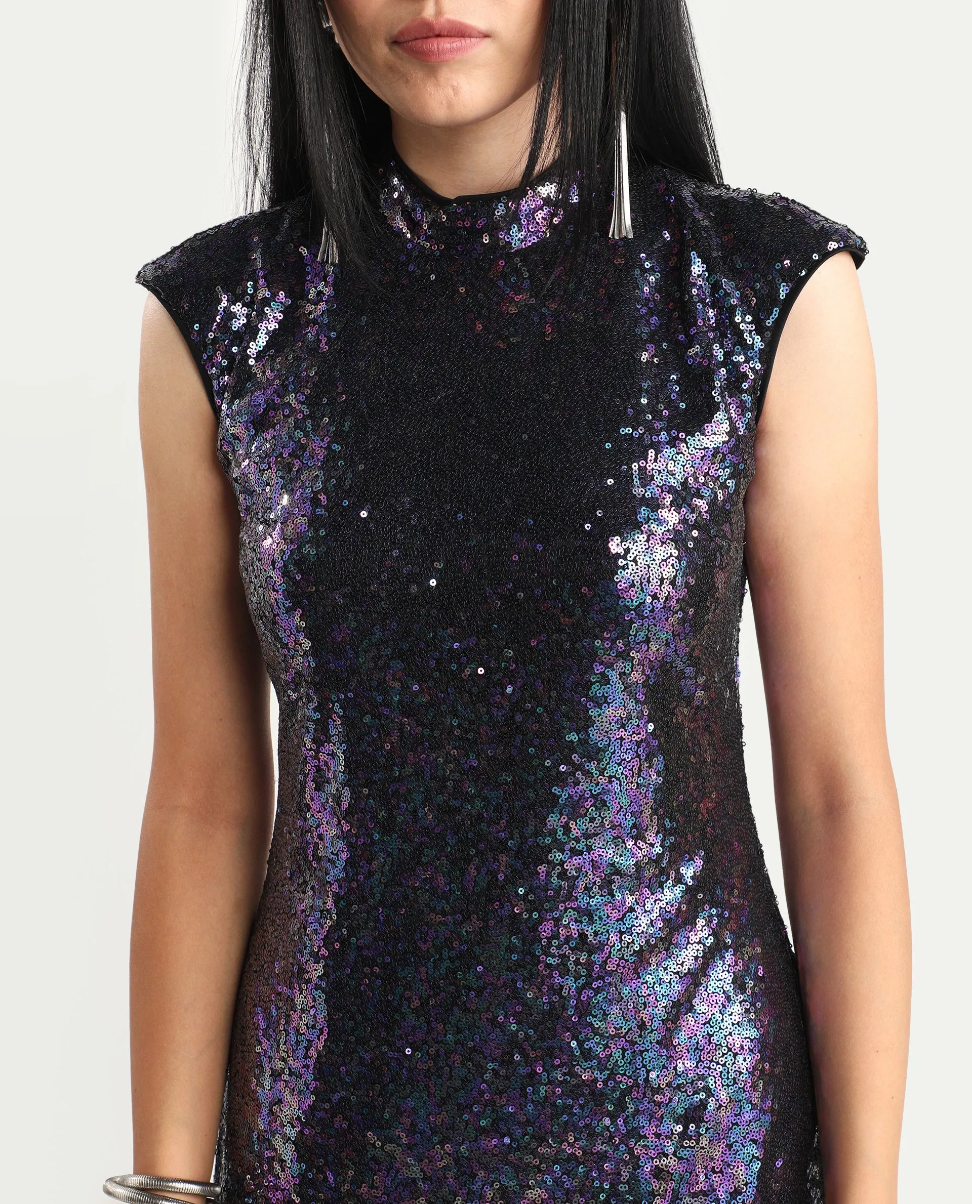Rareism Women's Clory Sheen Multi Polyester High Neck Sequined Extended Sleeves Mini Regular Fit Dress