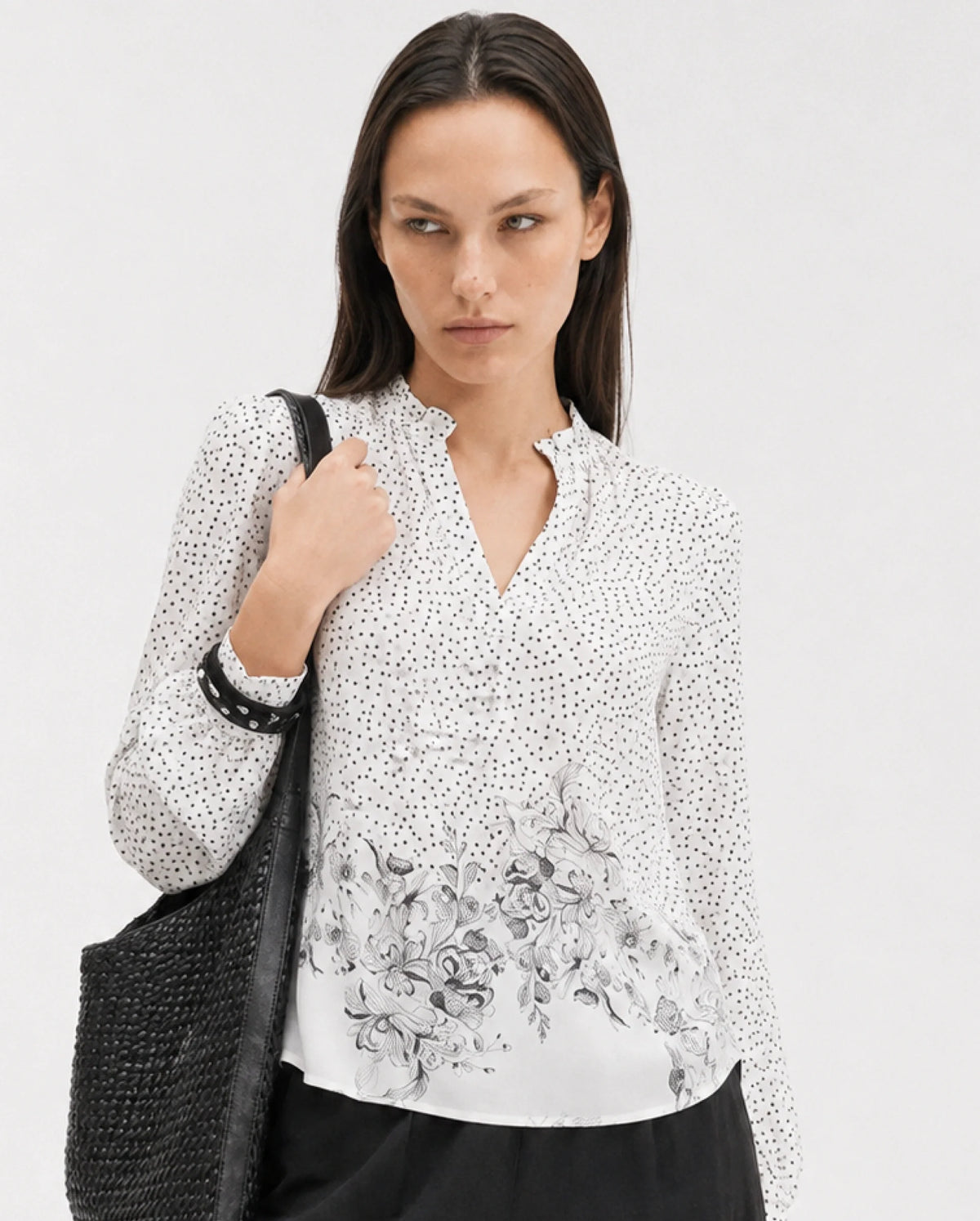 Rareism Women's Coco Off White Viscose Blend Full Sleeve Relaxed Fit Floral Print Top
