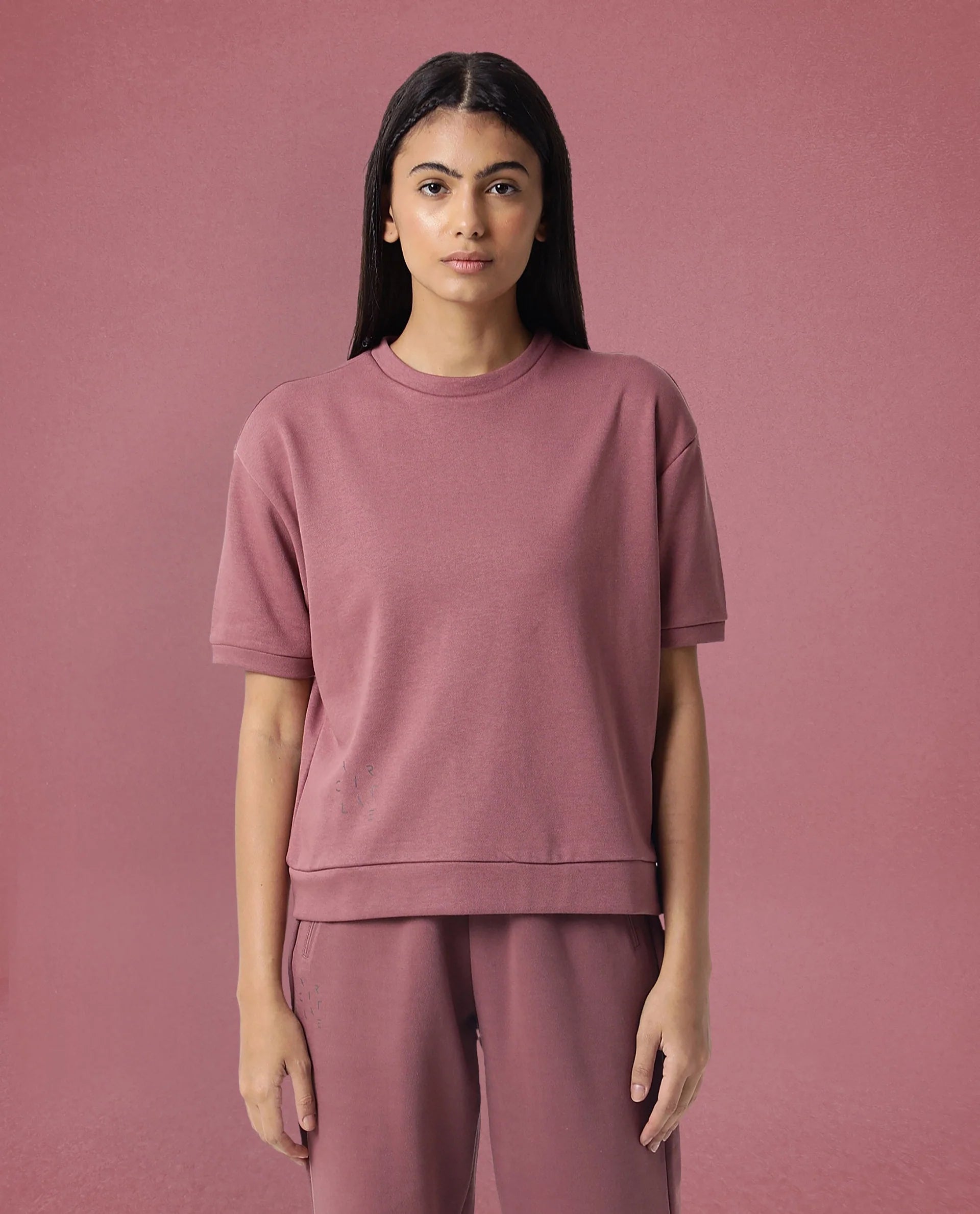 Rareism Women's Medium Weight Terry 290 Gsm Cotton Crew Neck Plain Relaxed Fit Sweat Tee
