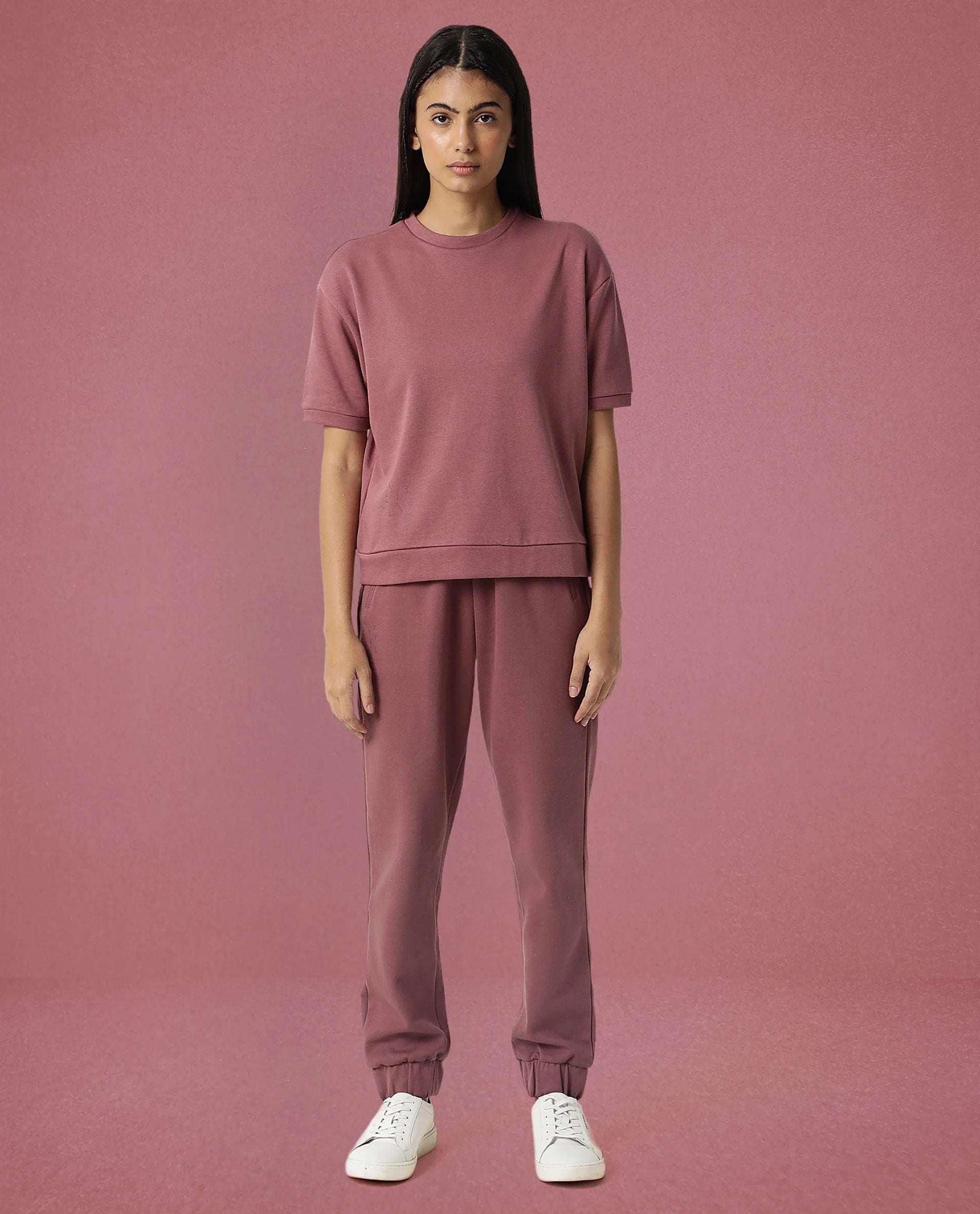 Rareism Women's Medium Weight Terry 290 Gsm Cotton Crew Neck Plain Relaxed Fit Sweat Tee