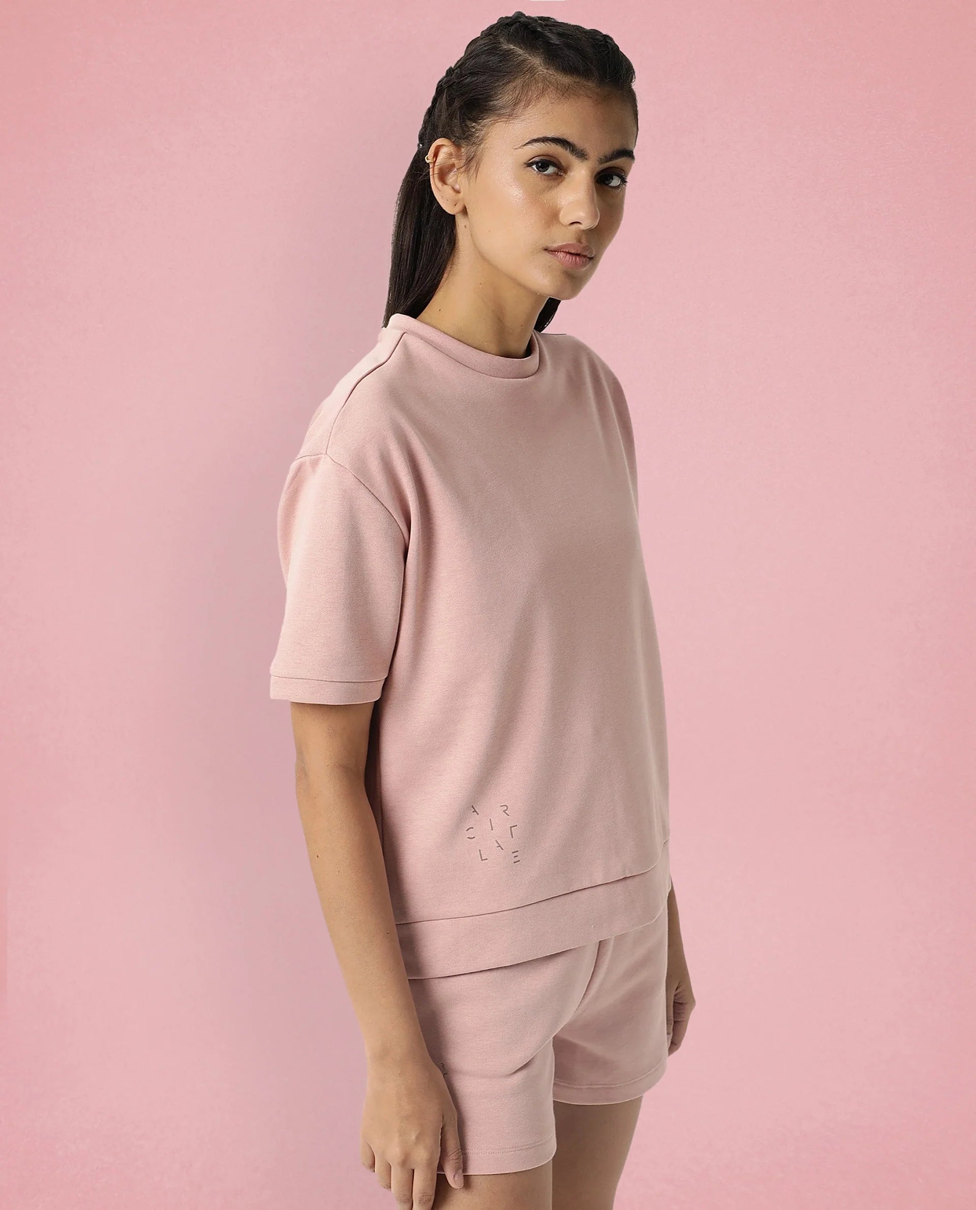 Rareism Women's Medium Weight Terry 290 Gsm Cotton Crew Neck Plain Relaxed Fit Sweat Tee