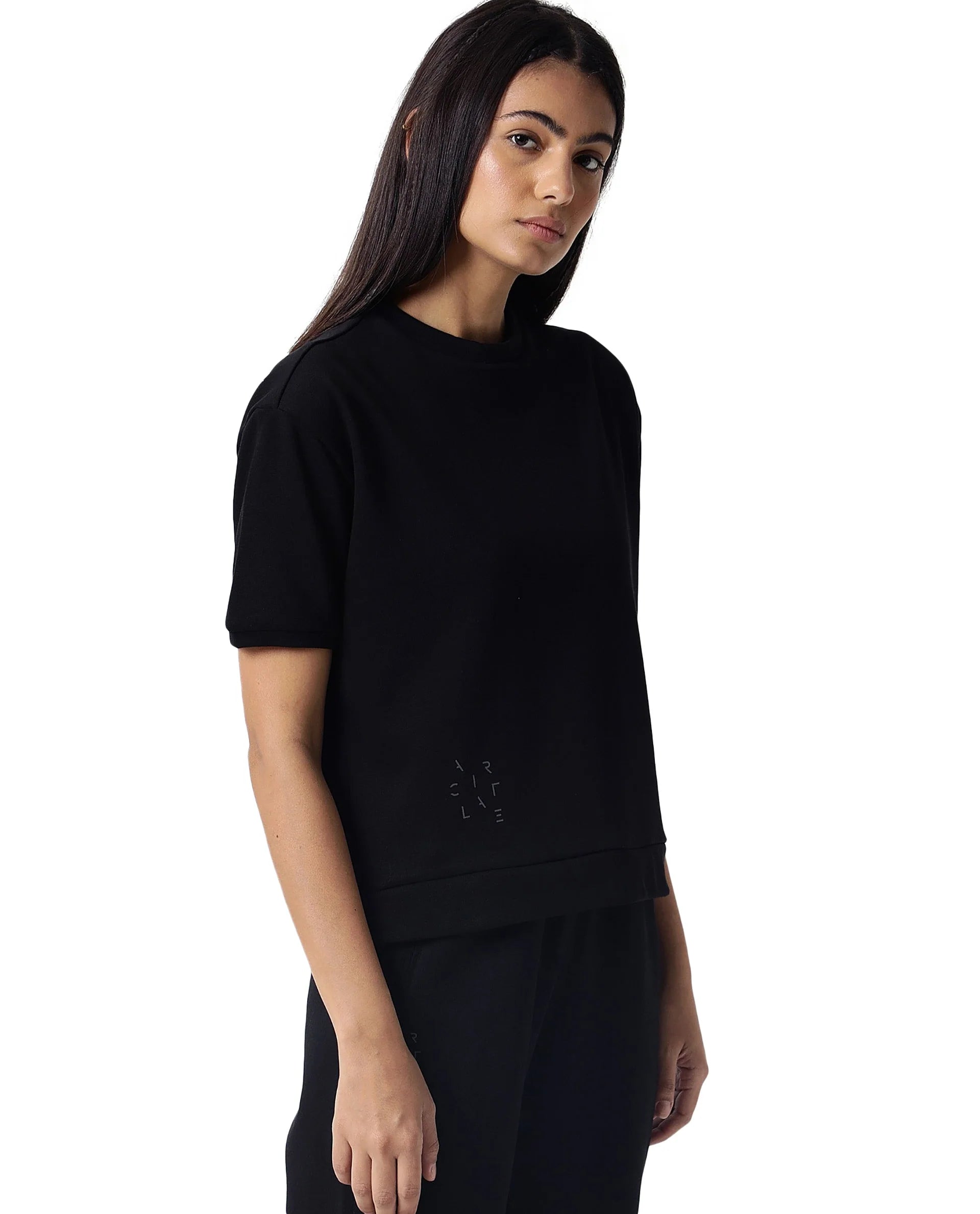 Rareism Women Coco Black Cotton Fabric Half Sleeves Regular Fit Solid Round Neck Sweat Tee