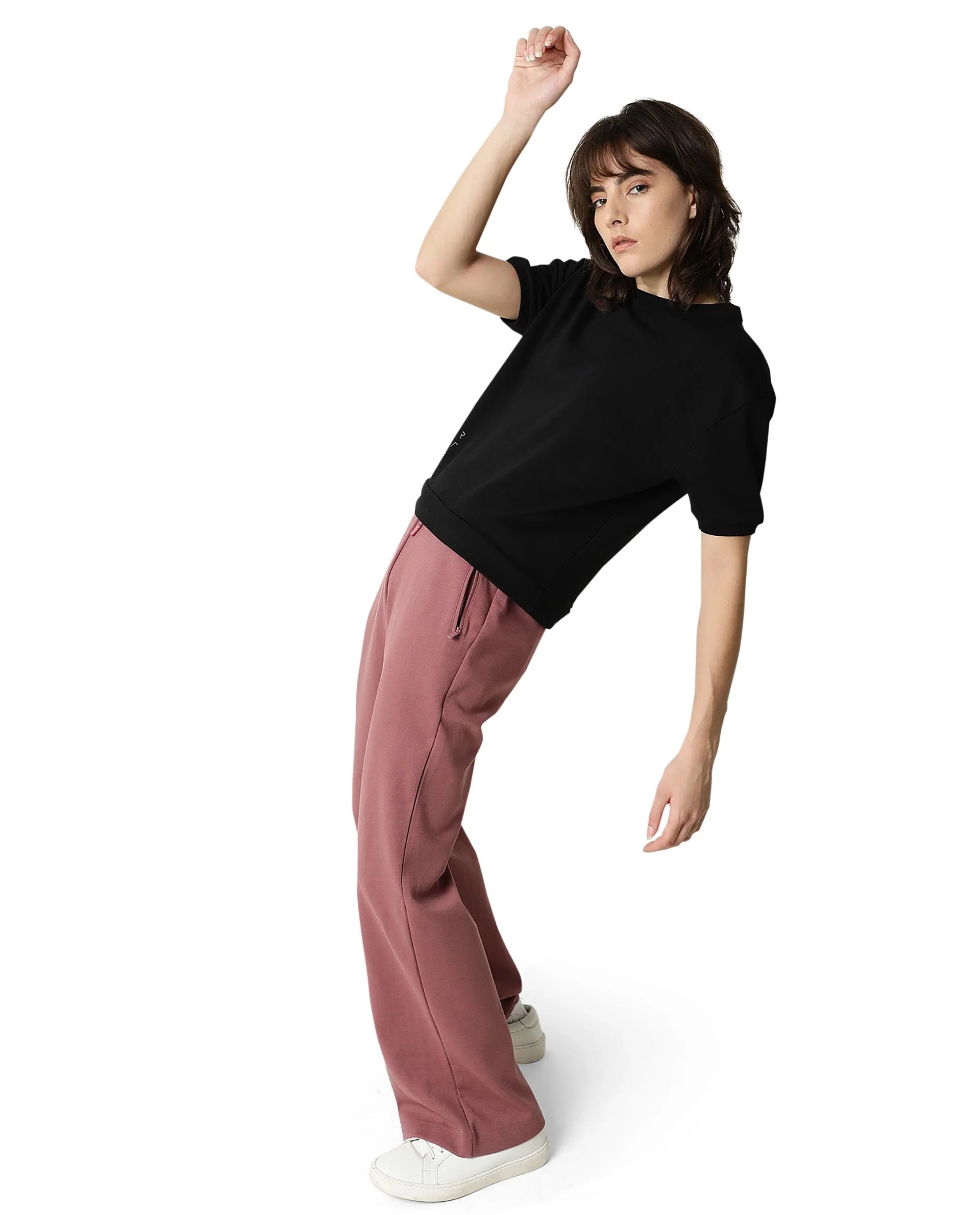 Rareism Women Coco Black Cotton Fabric Half Sleeves Regular Fit Solid Round Neck Sweat Tee