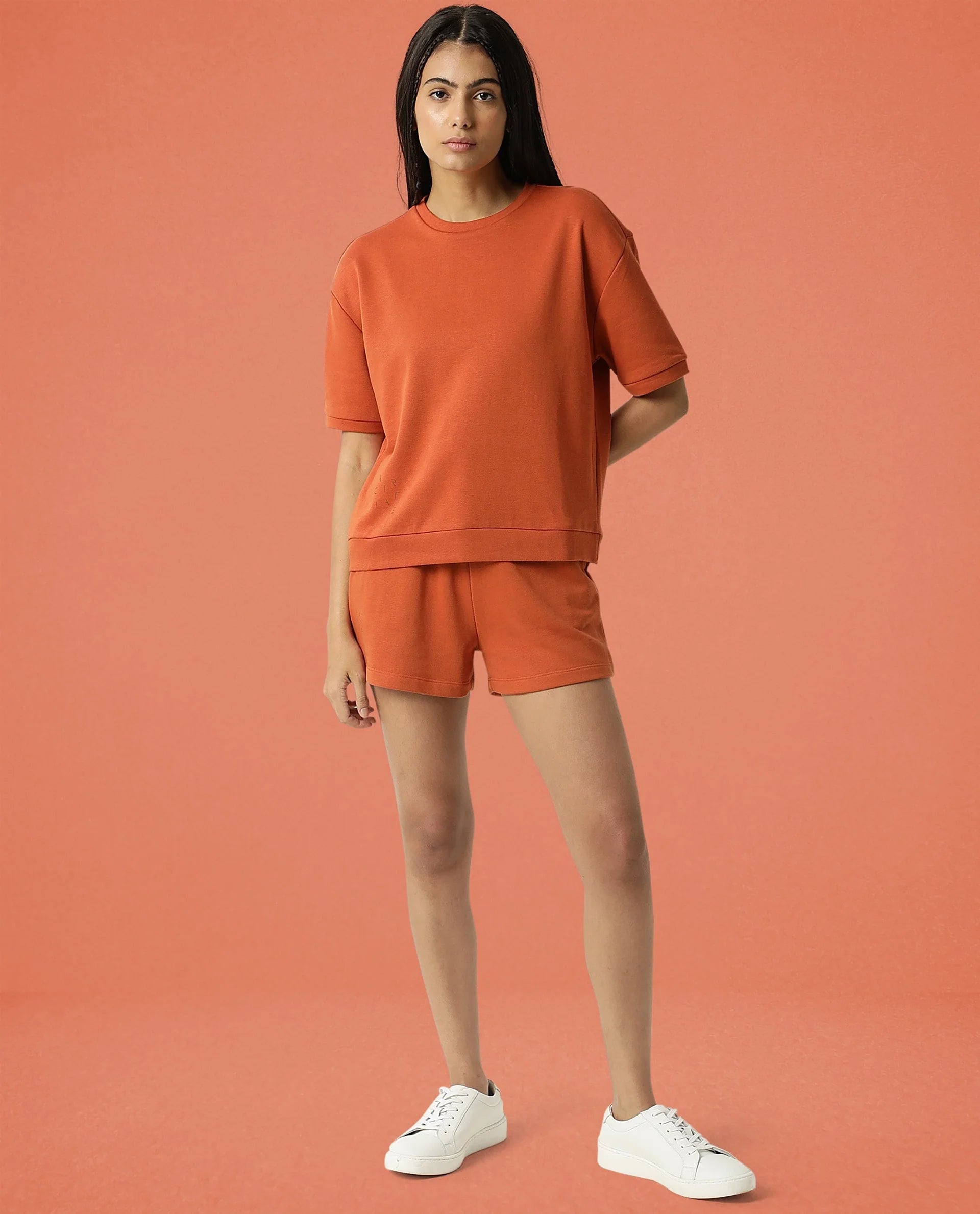 Rareism Women's Medium Weight Terry 290 Gsm Cotton Crew Neck Plain Relaxed Fit Sweat Tee