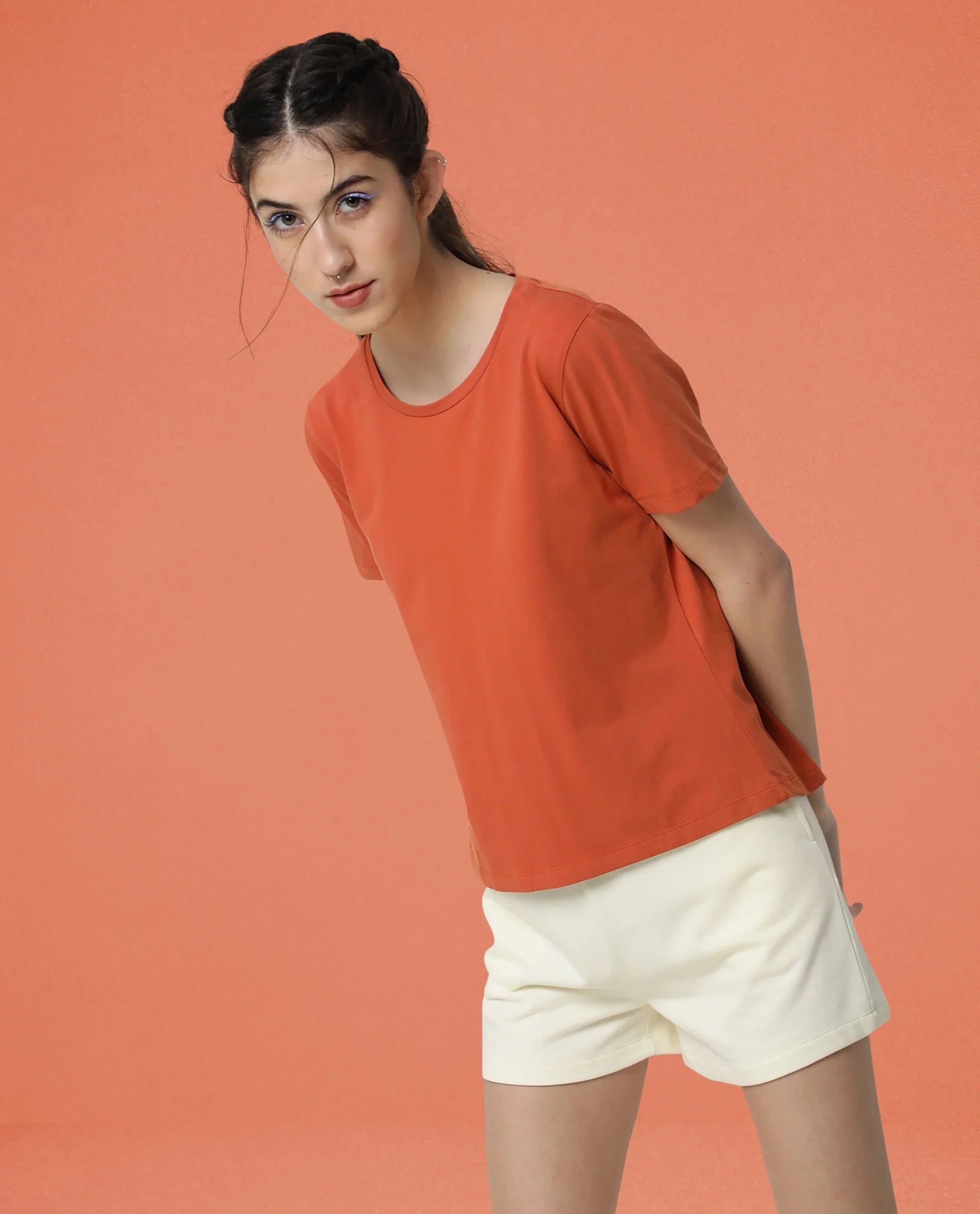 Rareism Women Coco Orange Cotton Fabric Half Sleeves Relaxed Fit Solid Round Neck Sweat Tee