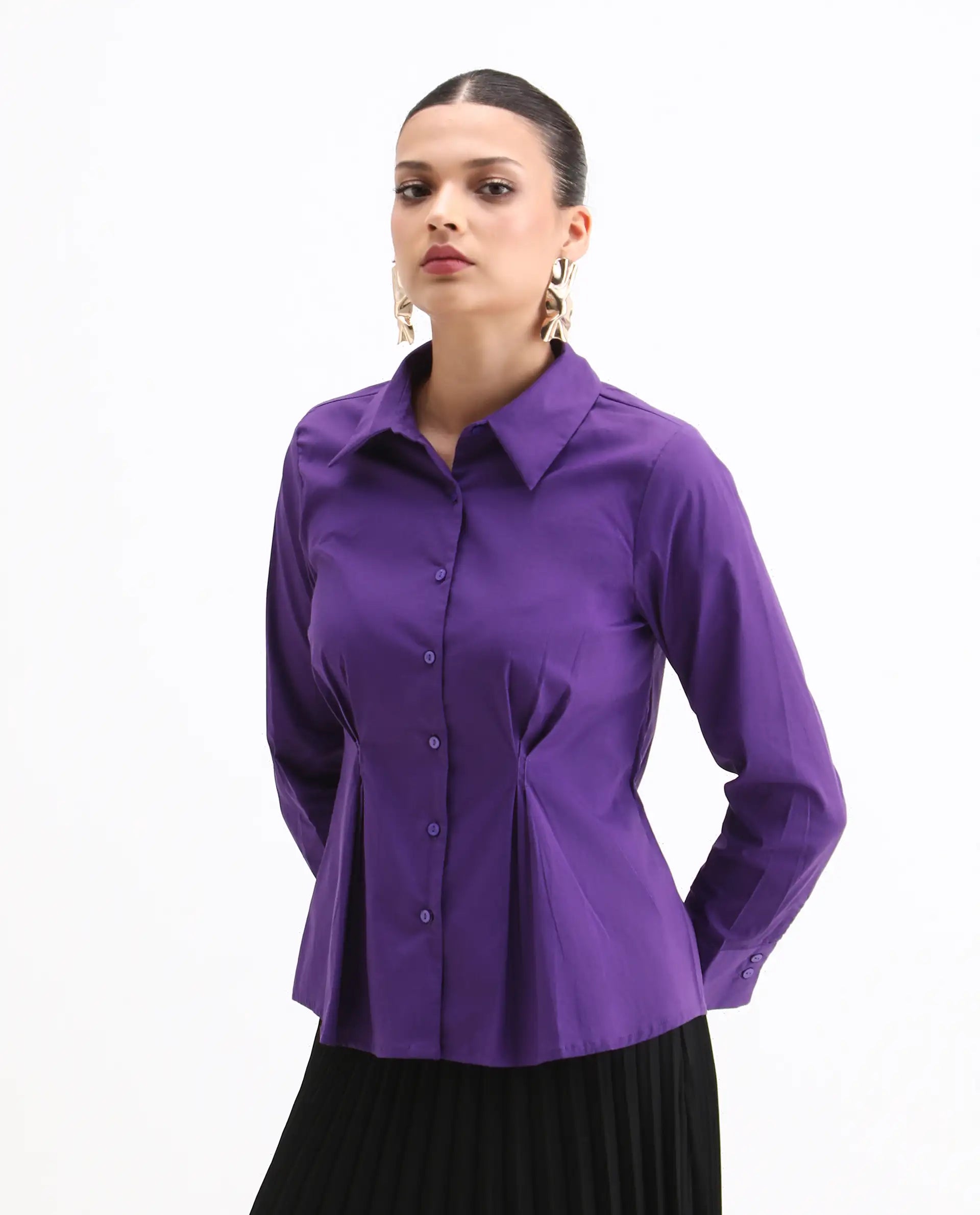 Rareism Women's Cojin Purple Cotton Blend Drop Collar Plain Cuffed Sleeve Regular Fit Top