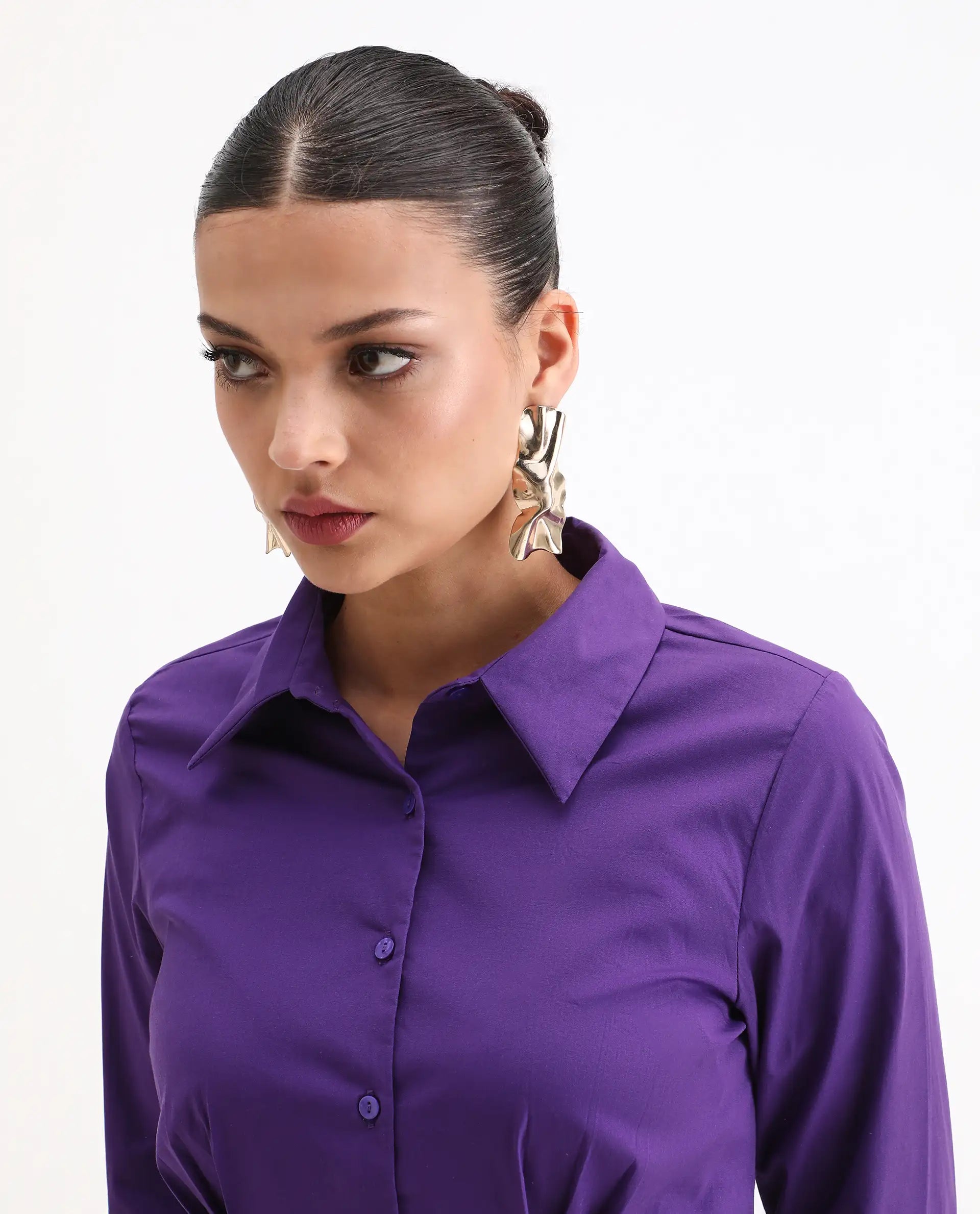 Rareism Women's Cojin Purple Cotton Blend Drop Collar Plain Cuffed Sleeve Regular Fit Top