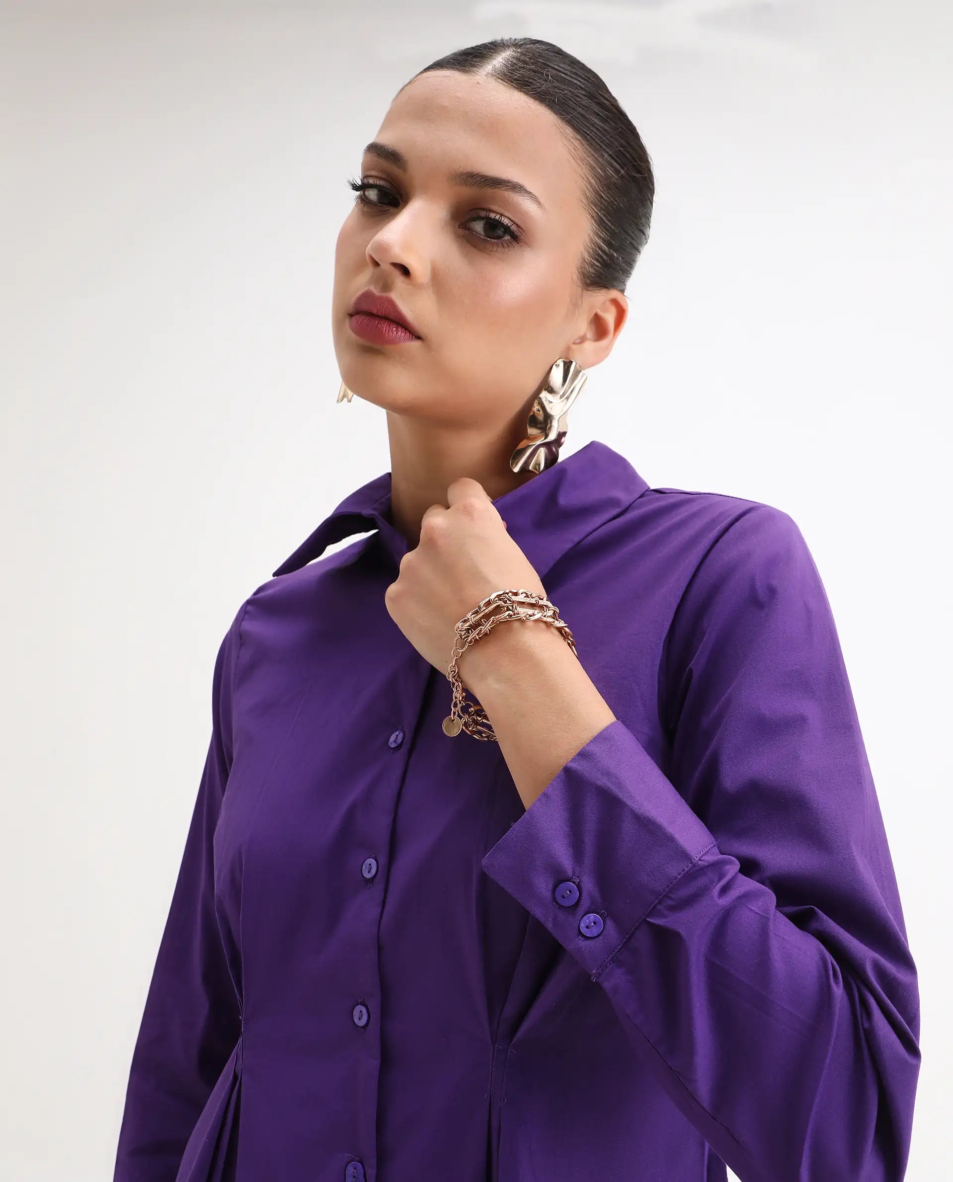 Rareism Women's Cojin Purple Cotton Blend Drop Collar Plain Cuffed Sleeve Regular Fit Top