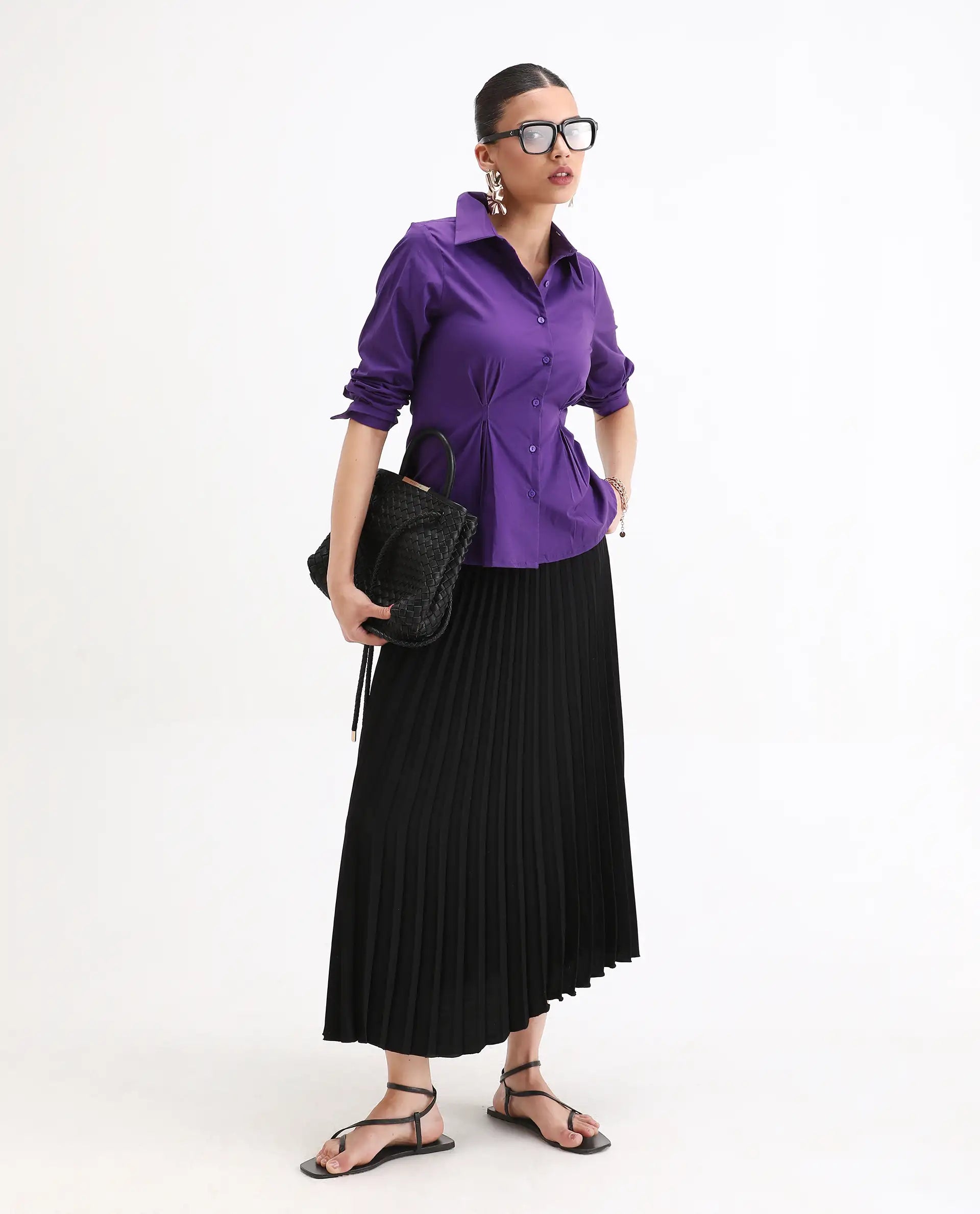 Rareism Women's Cojin Purple Cotton Blend Drop Collar Plain Cuffed Sleeve Regular Fit Top