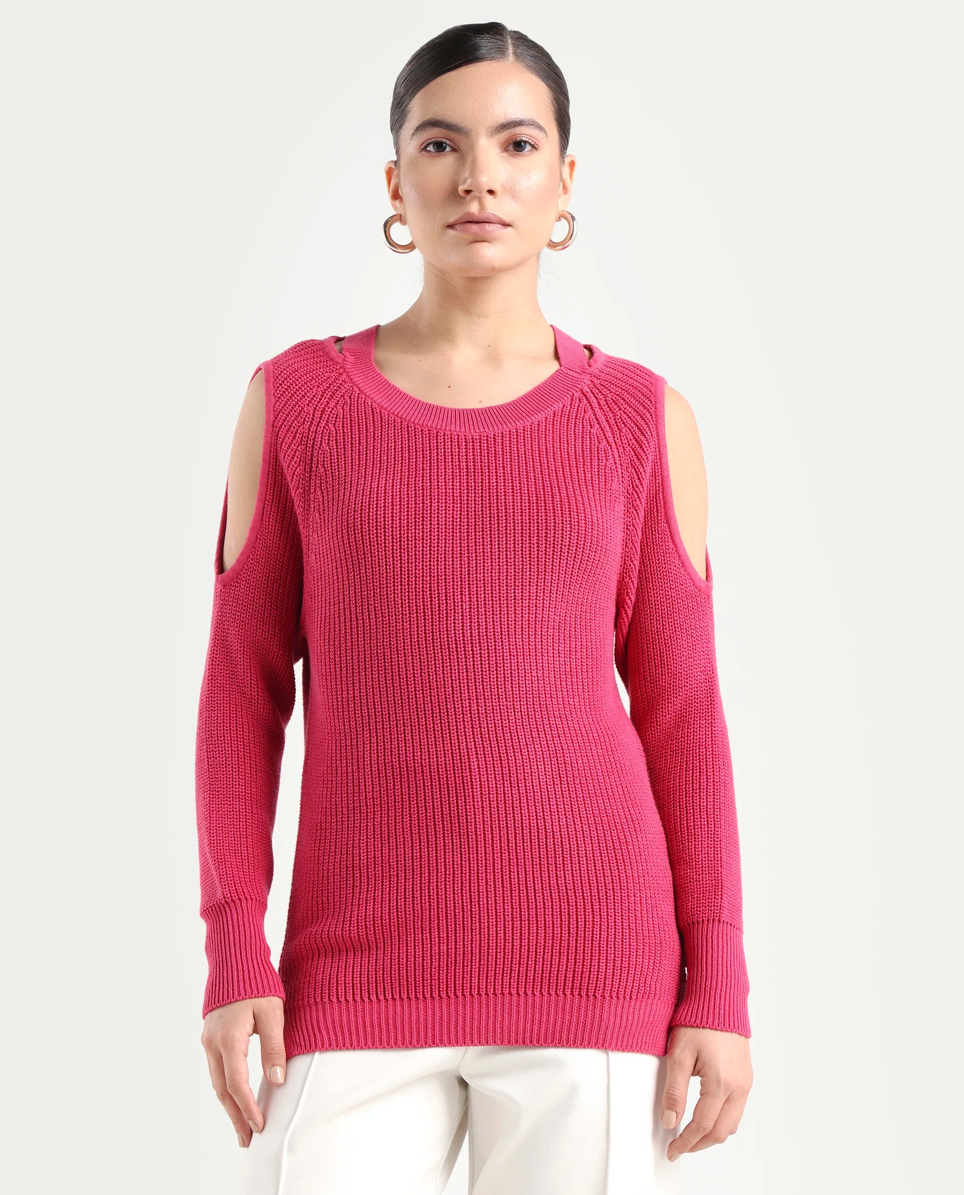 Rareism Women's Cold Pink Cotton Boat Neck Plain Slim Fit Sweater