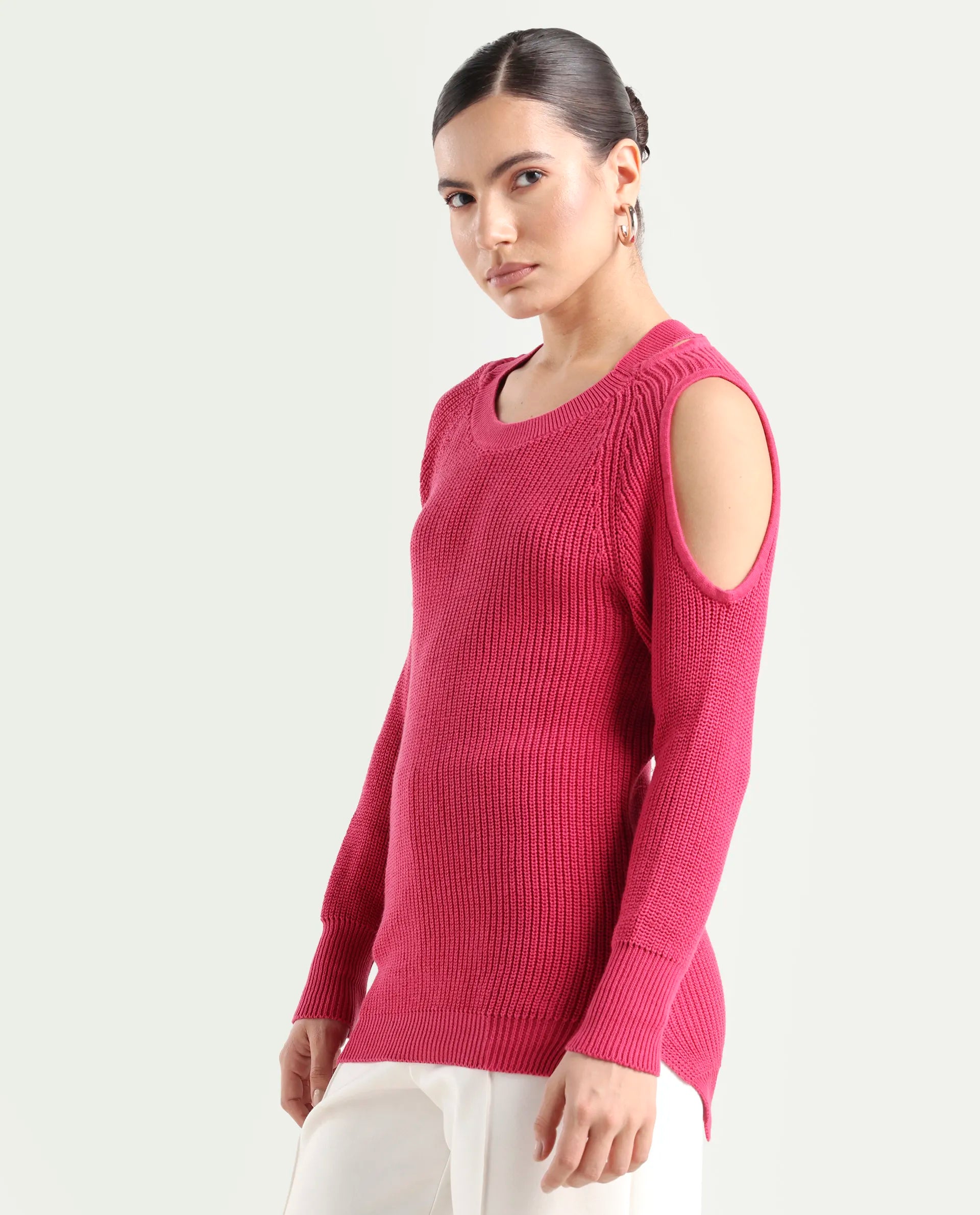 Rareism Women's Cold Pink Cotton Boat Neck Plain Slim Fit Sweater