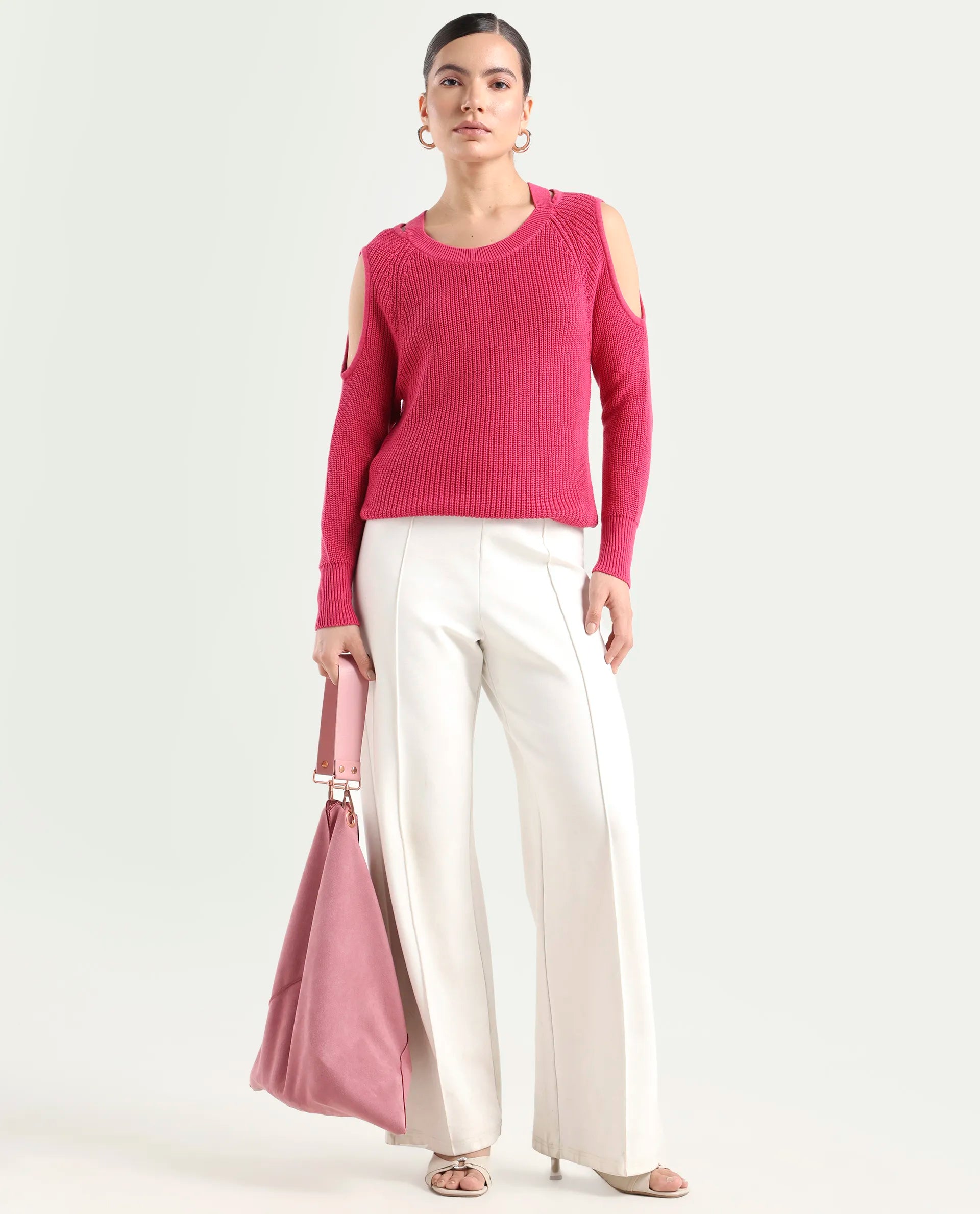 Rareism Women's Cold Pink Cotton Boat Neck Plain Slim Fit Sweater