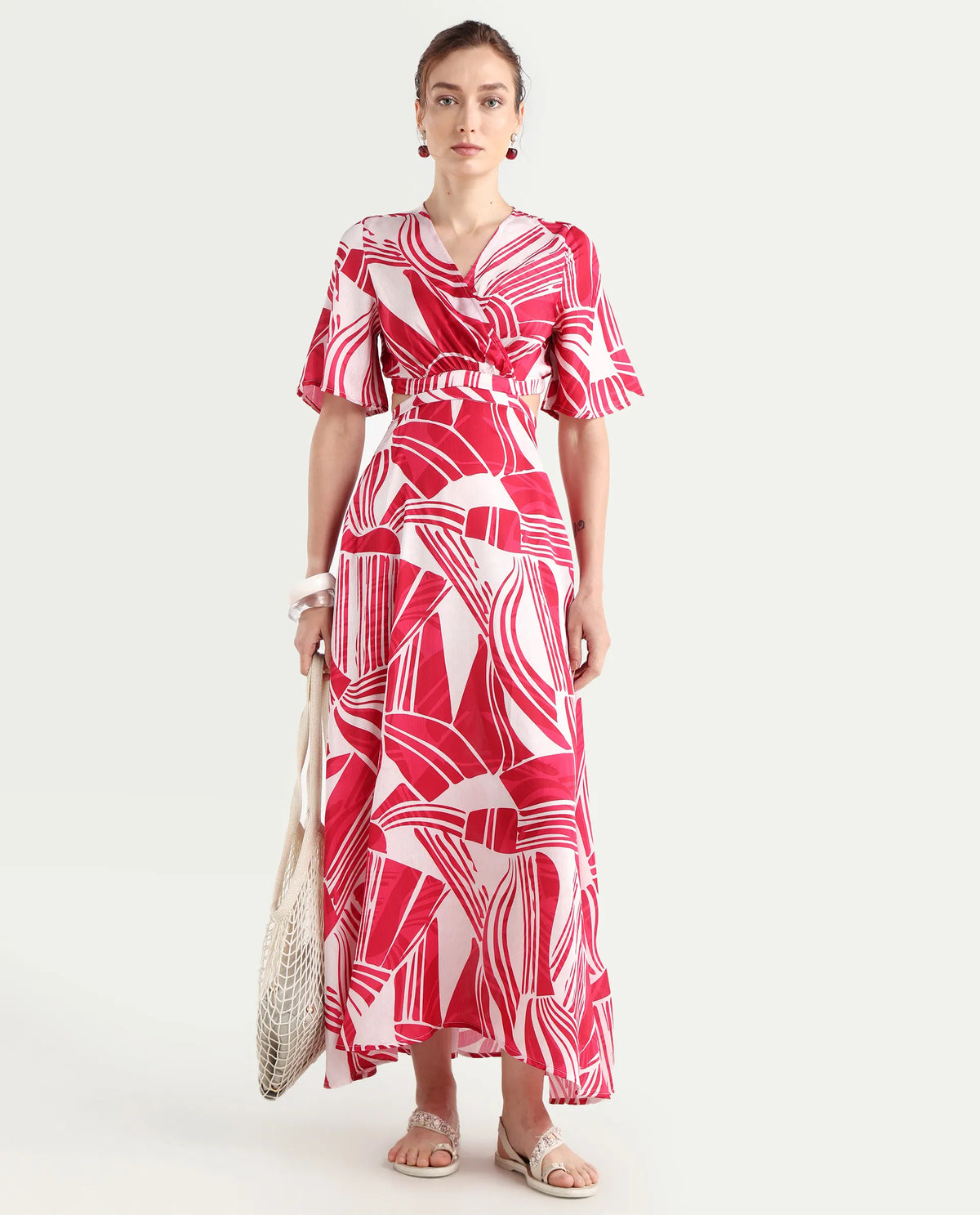 Rareism Women's Colima Red Polyester Overlap Neck Abstract Print Maxi Fit And Flare Dress