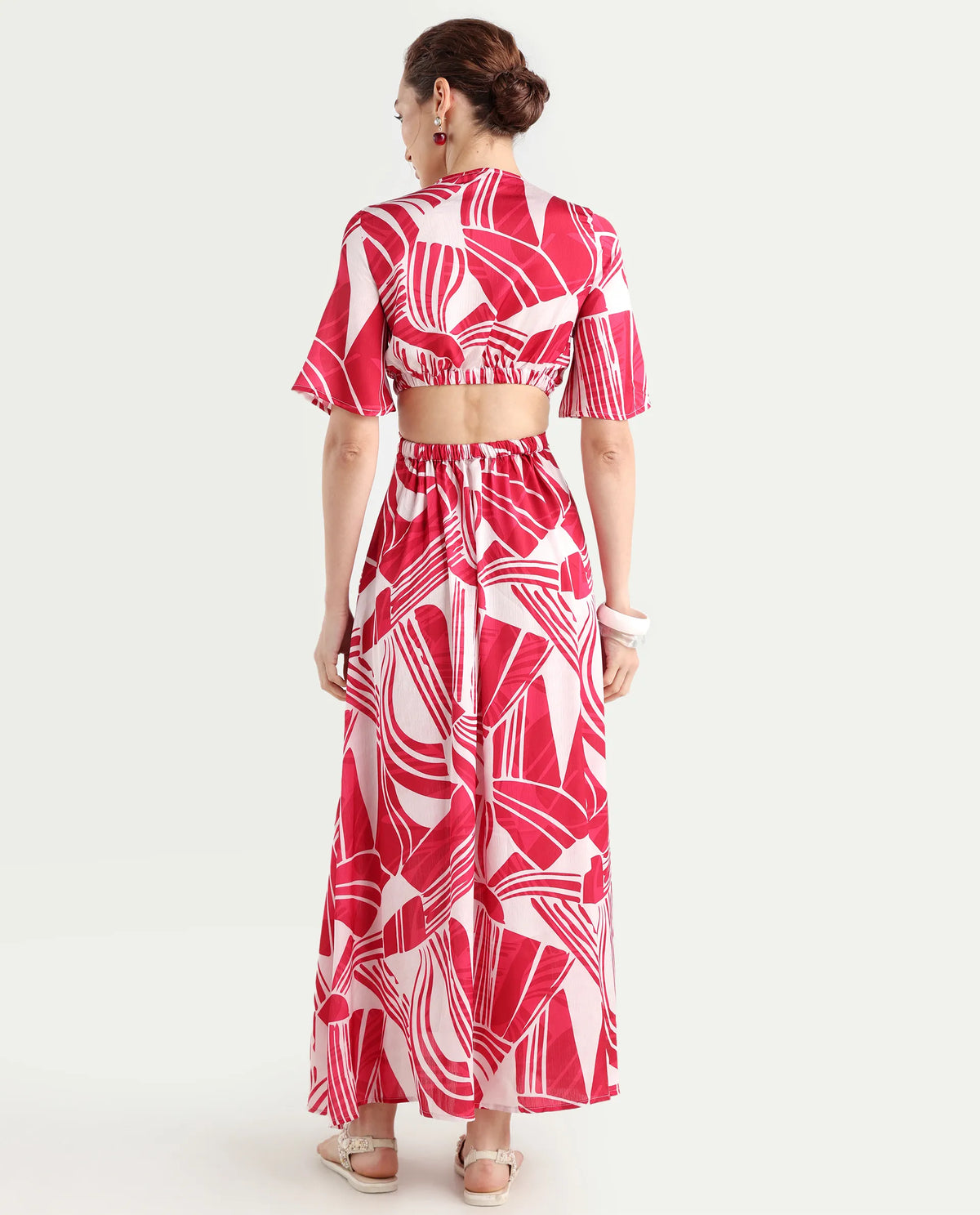 Rareism Women's Colima Red Polyester Overlap Neck Abstract Print Maxi Fit And Flare Dress