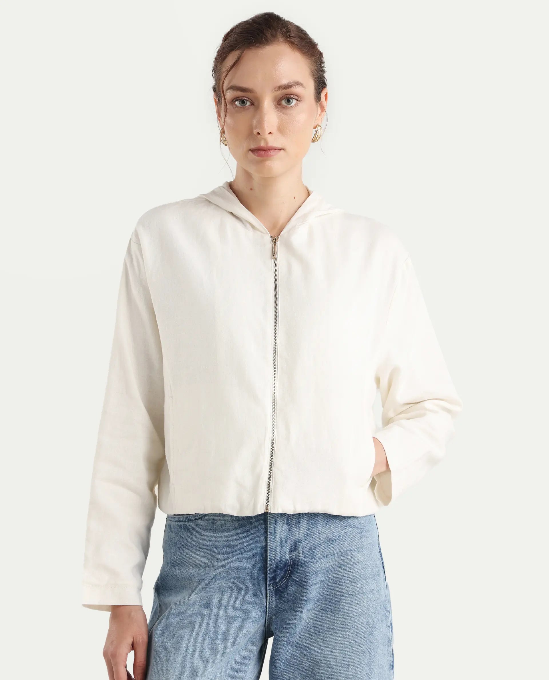 Rareism Women's Colin-T Off White Linen Blend Hooded Regular Fit Jacket