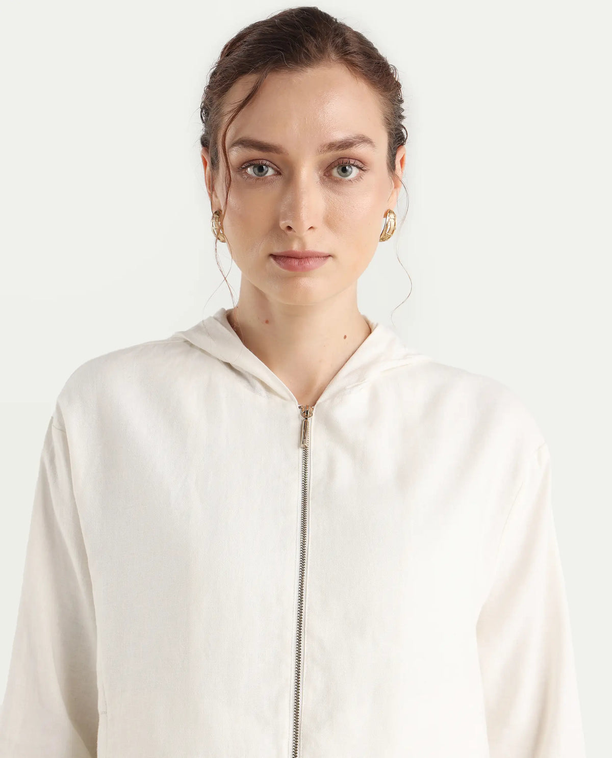 Rareism Women's Colin-T Off White Linen Blend Hooded Regular Fit Jacket