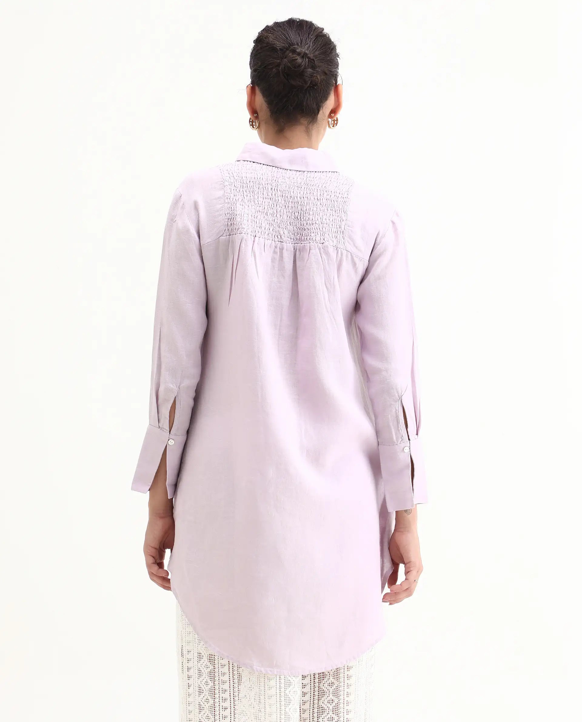 Rareism Women's Comfo Purple Linen Spread Collar Plain Relaxed Fit Top
