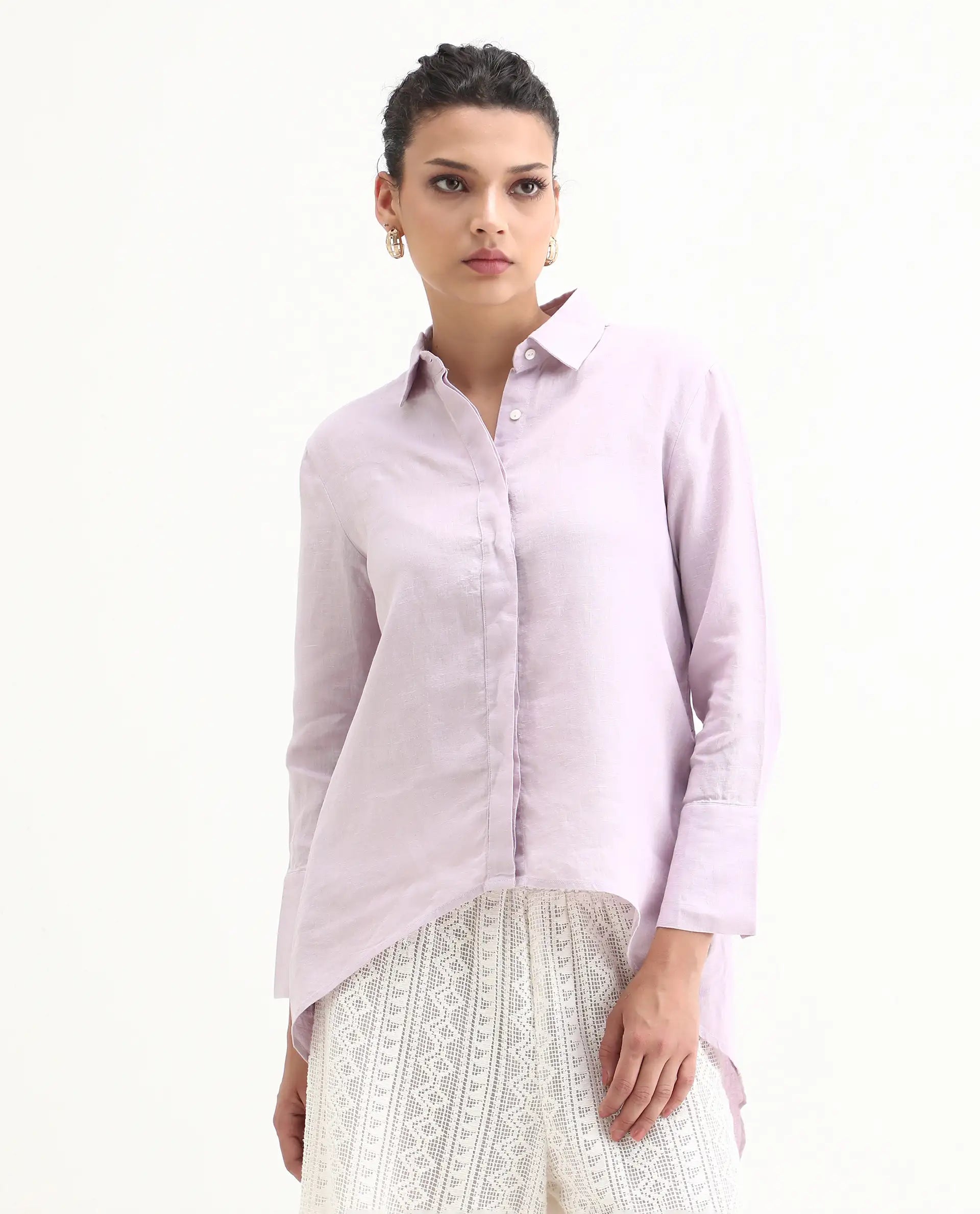 Rareism Women's Comfo Purple Linen Spread Collar Plain Relaxed Fit Top